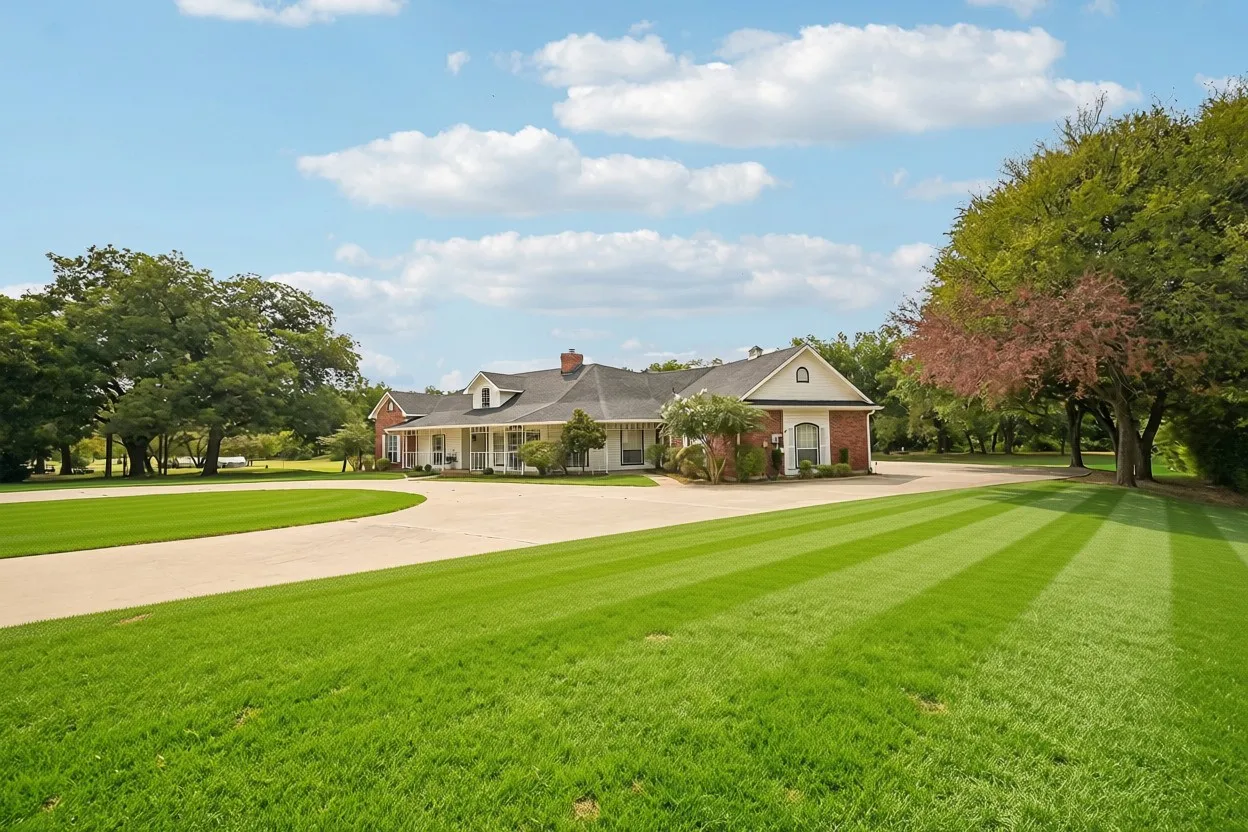 Expansive green lawn with striped patterns, mature trees, and a curved paved driveway leading to the residence