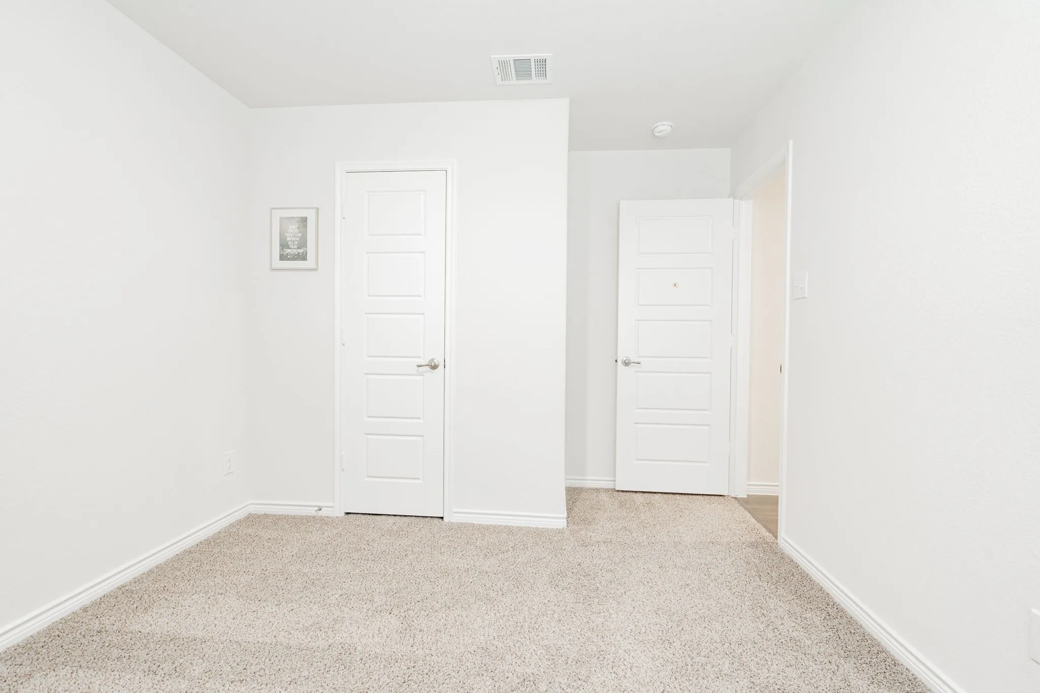 Plush carpet flooring and bright white walls
