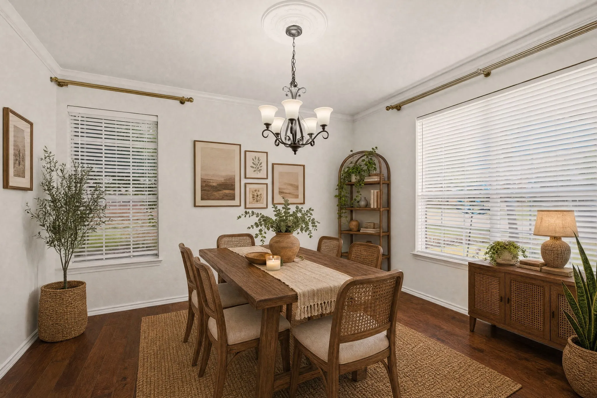 Spacious dining room with wood floor. Virtual Staged
