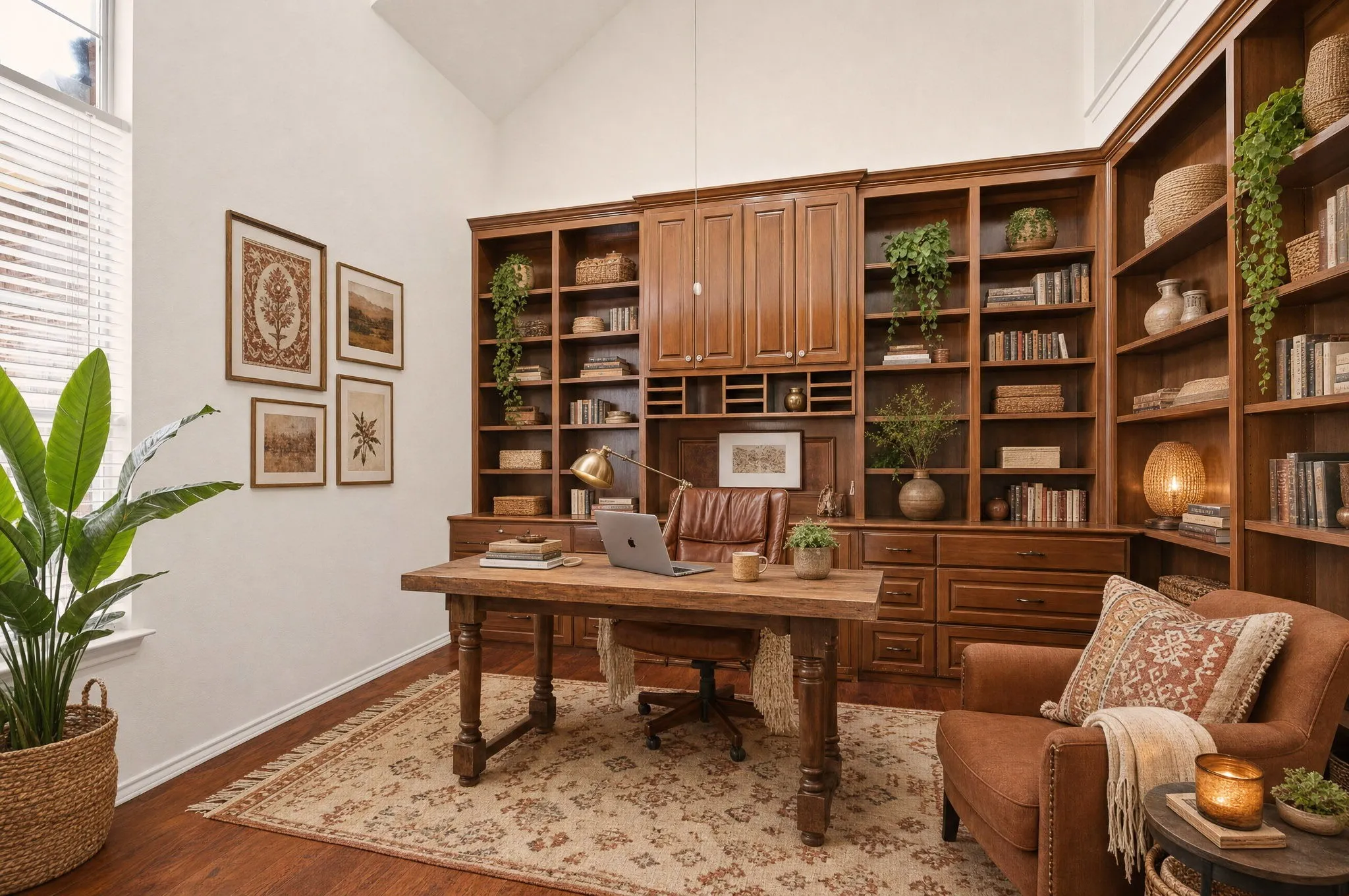 Dedicated office with French doors & wall-to-wall built-ins. Virtual Staged