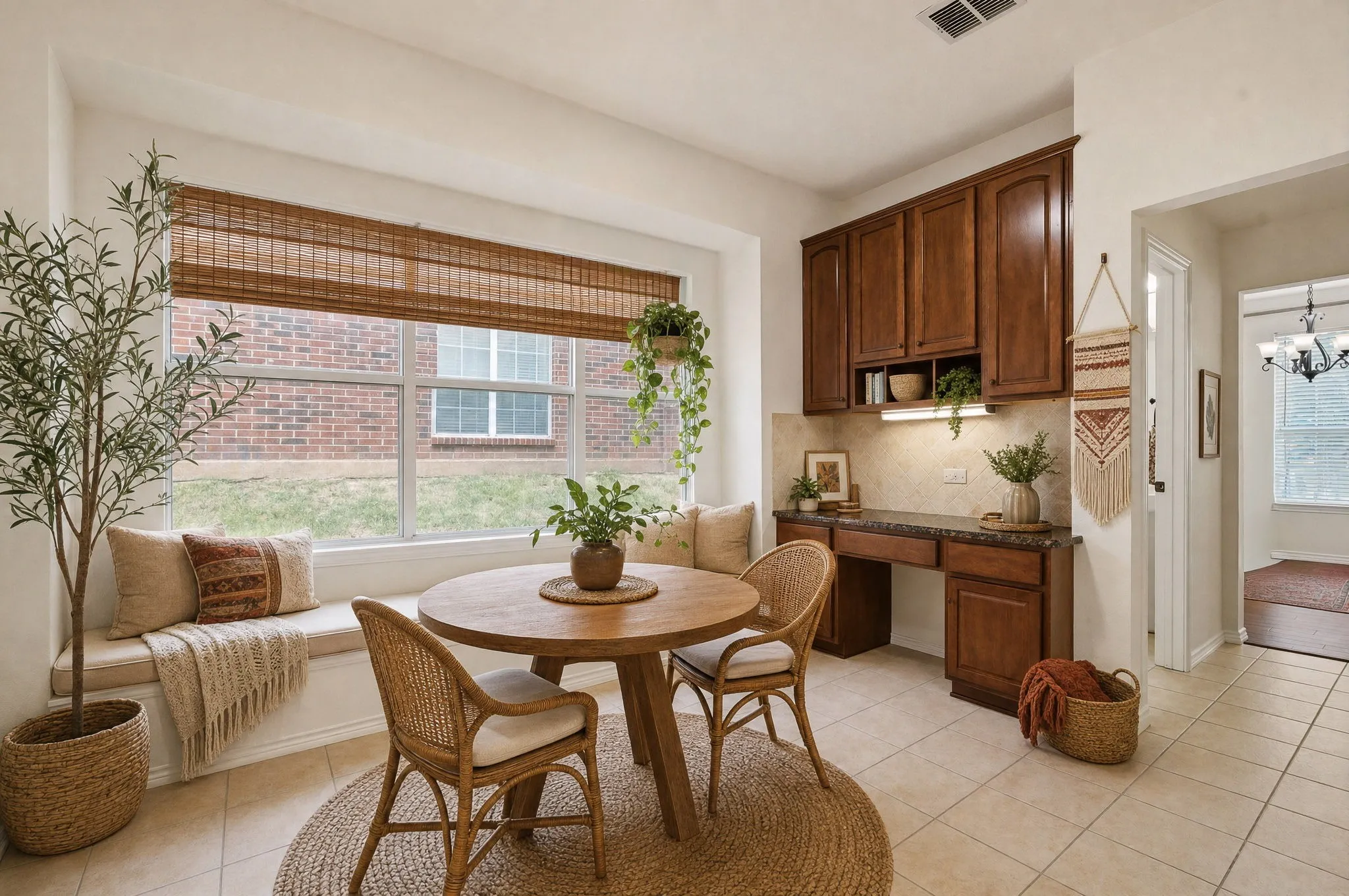 Breakfast room casual dining includes charming window seat plus built-in homework desk area. Virtual Staged