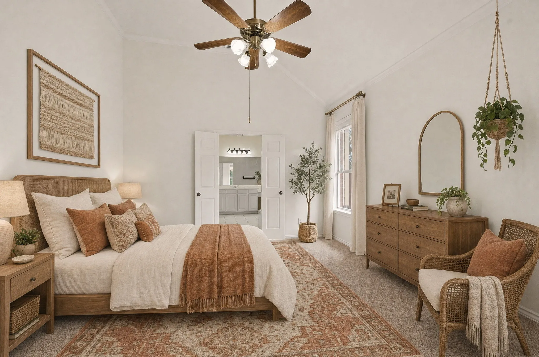 Spacious, secluded primary bedroom has a sitting area too. Virtual Staged