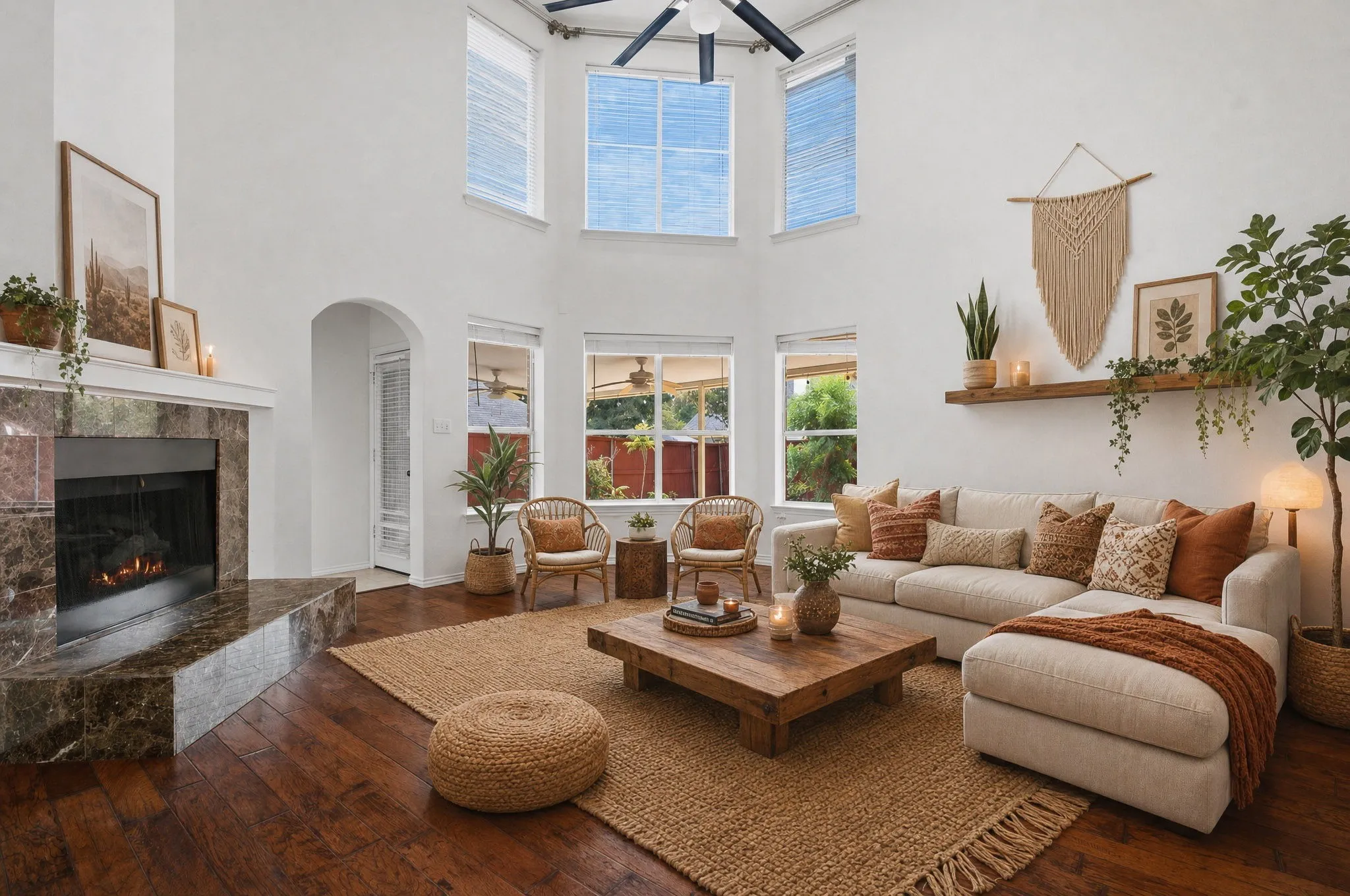 2-story vaulted ceiling, great natural light  wood floor & fireplace. Virtual staged