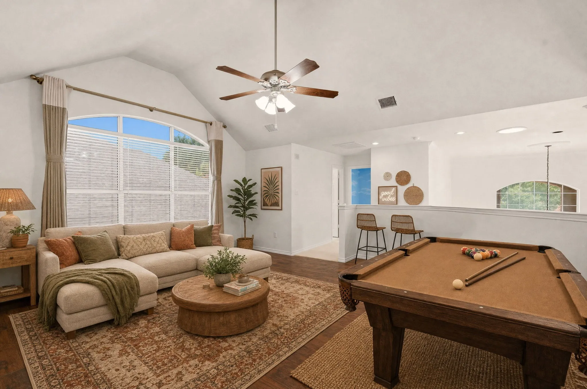 Extra large gameroom splits the upper 3 bedrooms & 2 baths. Wood floor too. Virtual Staged