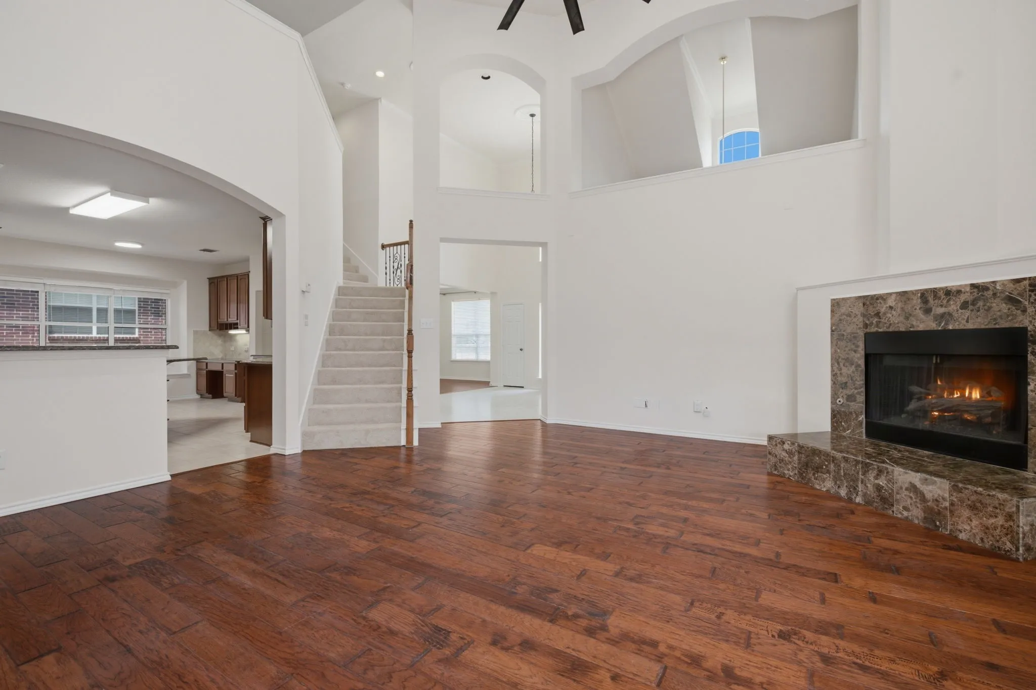Gas log fireplace plus skylights (not shown) that offer even more light.