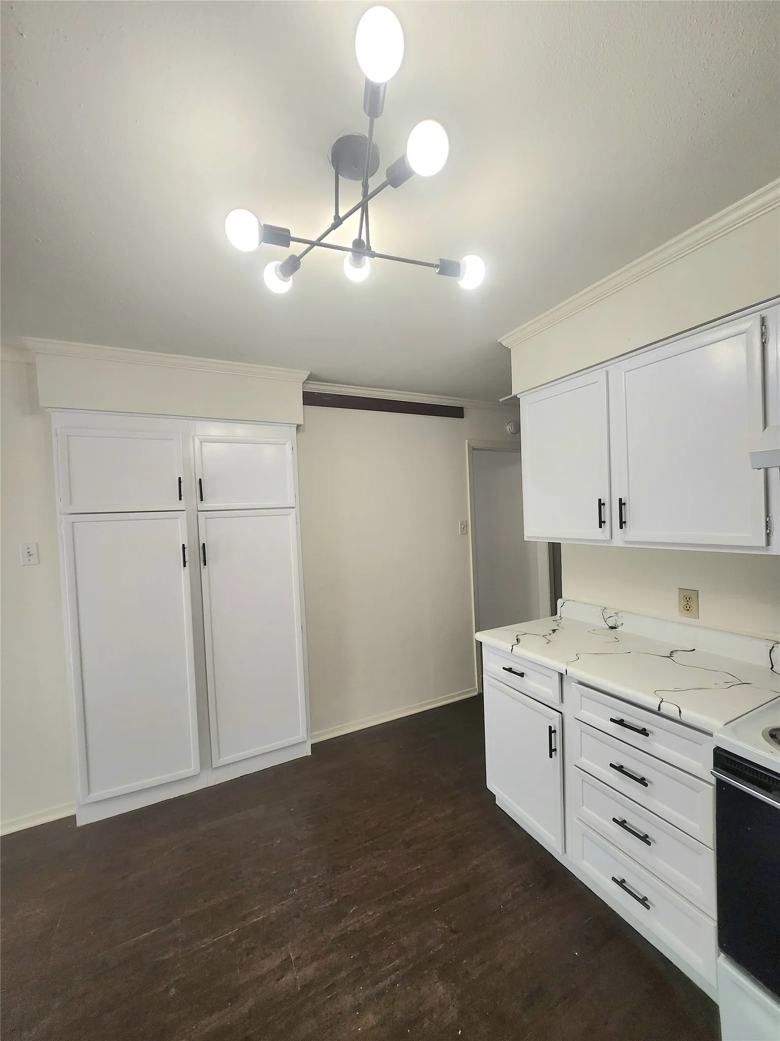 Wood-finish flooring, white cabinetry with black hardware, and a modern ceiling light fixture