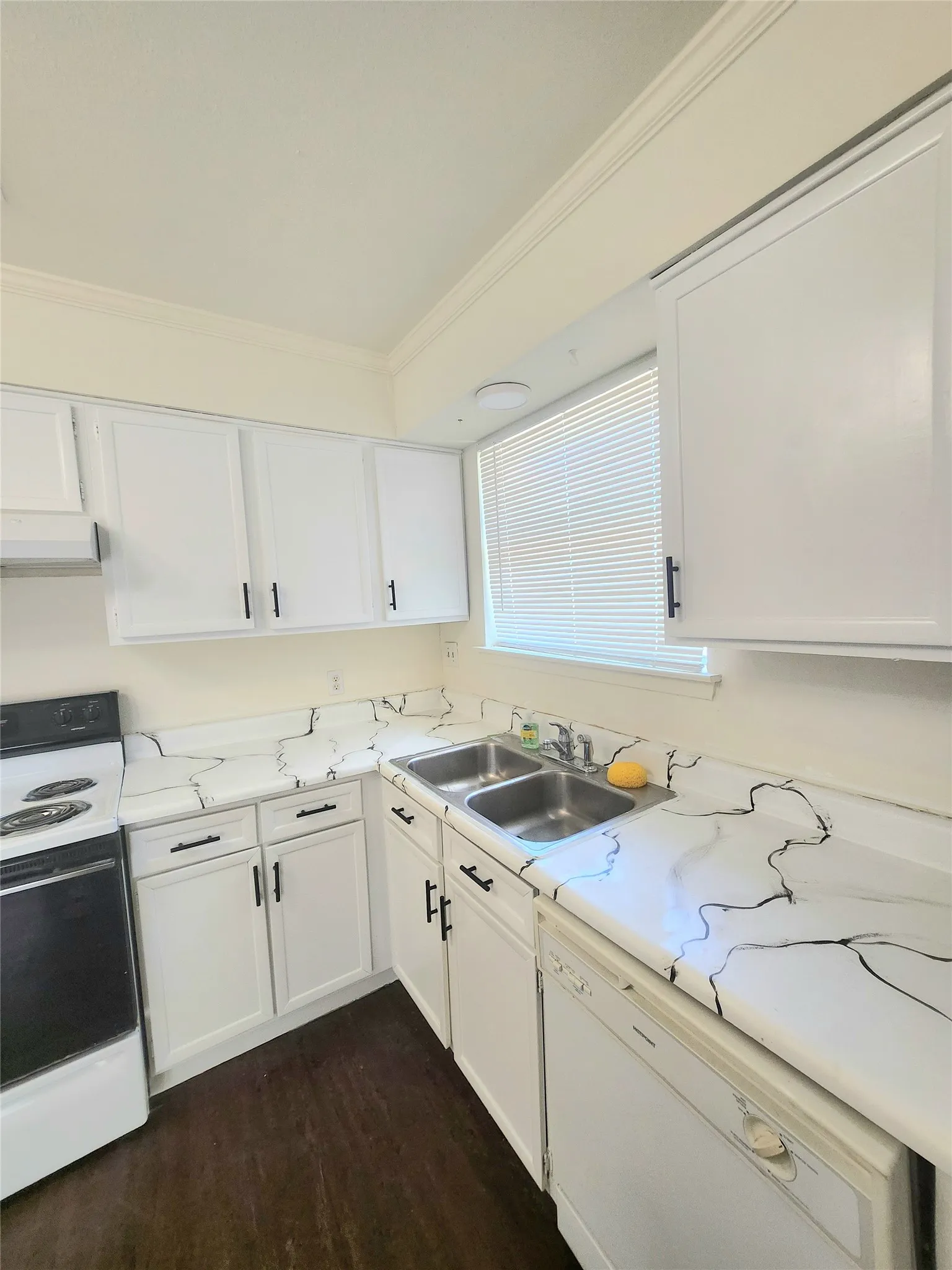 White cabinetry with black hardware, patterned countertops, double basin stainless steel sink, wood-finish flooring, and crown molding