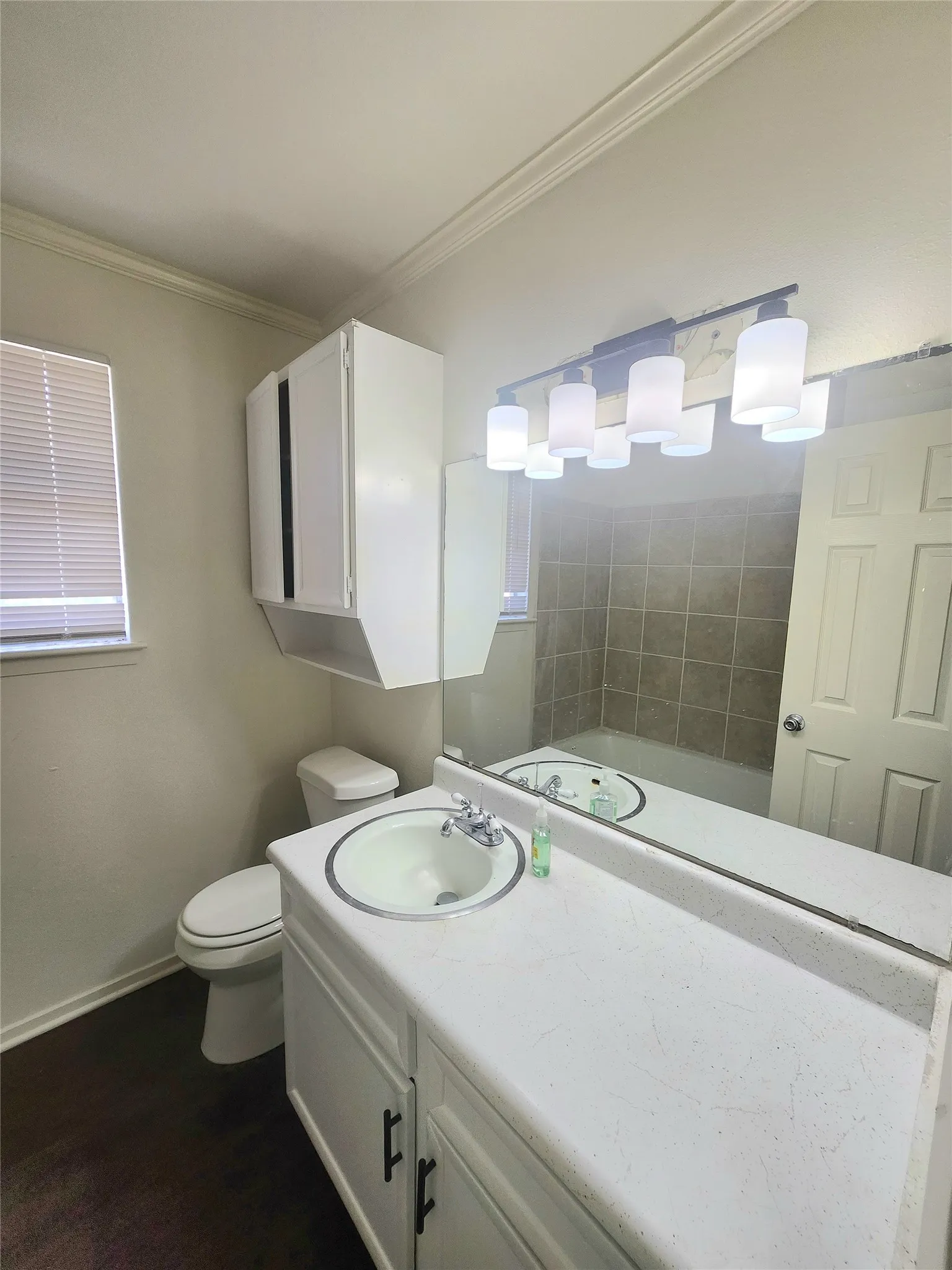 Bathroom vanity with white cabinetry, a single basin sink, and a large wall-mounted mirror