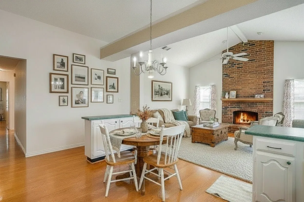 Virtually staged to highlight this eat in kitchen's potential.