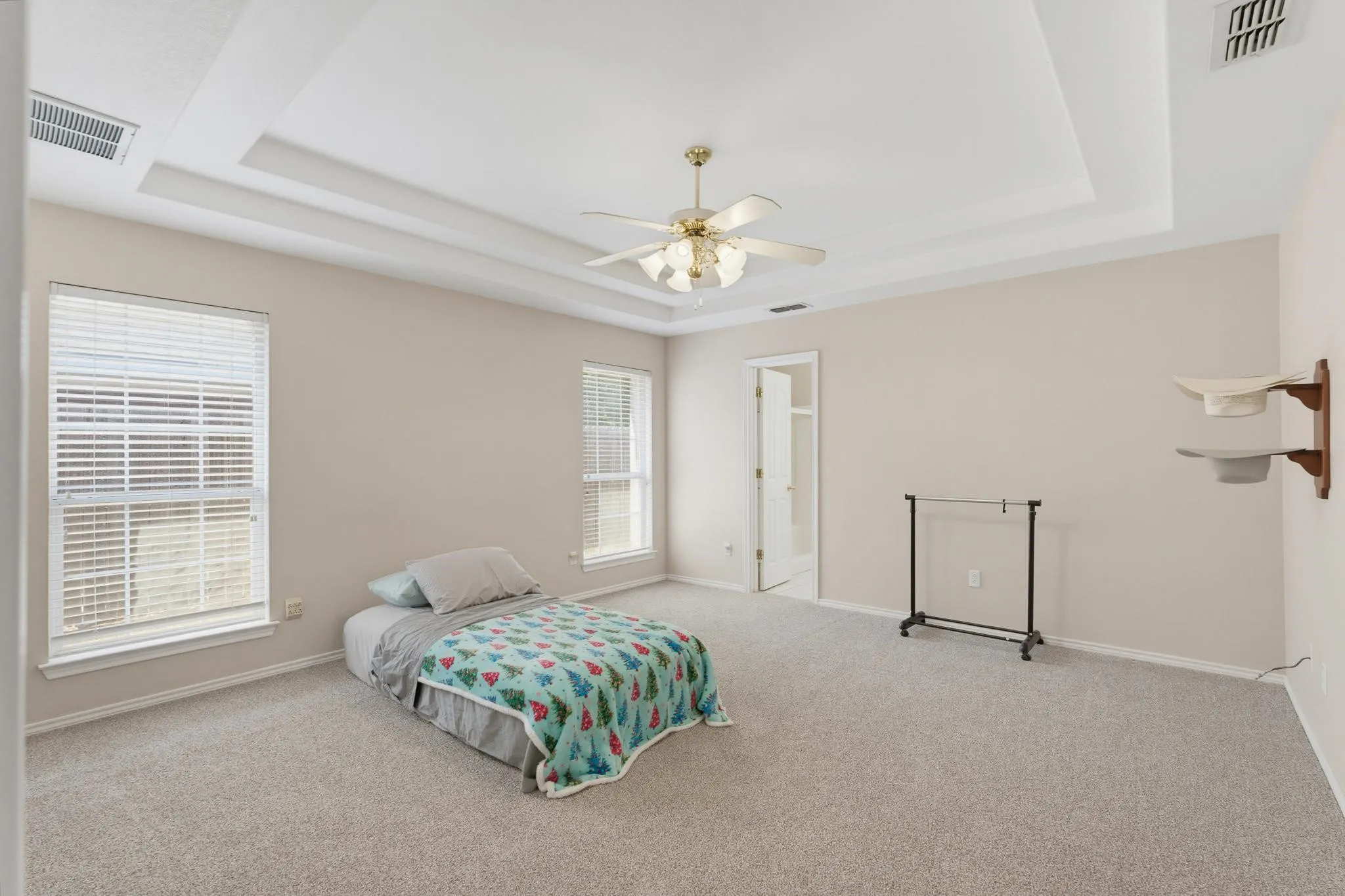 Tray ceiling with a ceiling fan, dual windows with blinds, and carpeted flooring