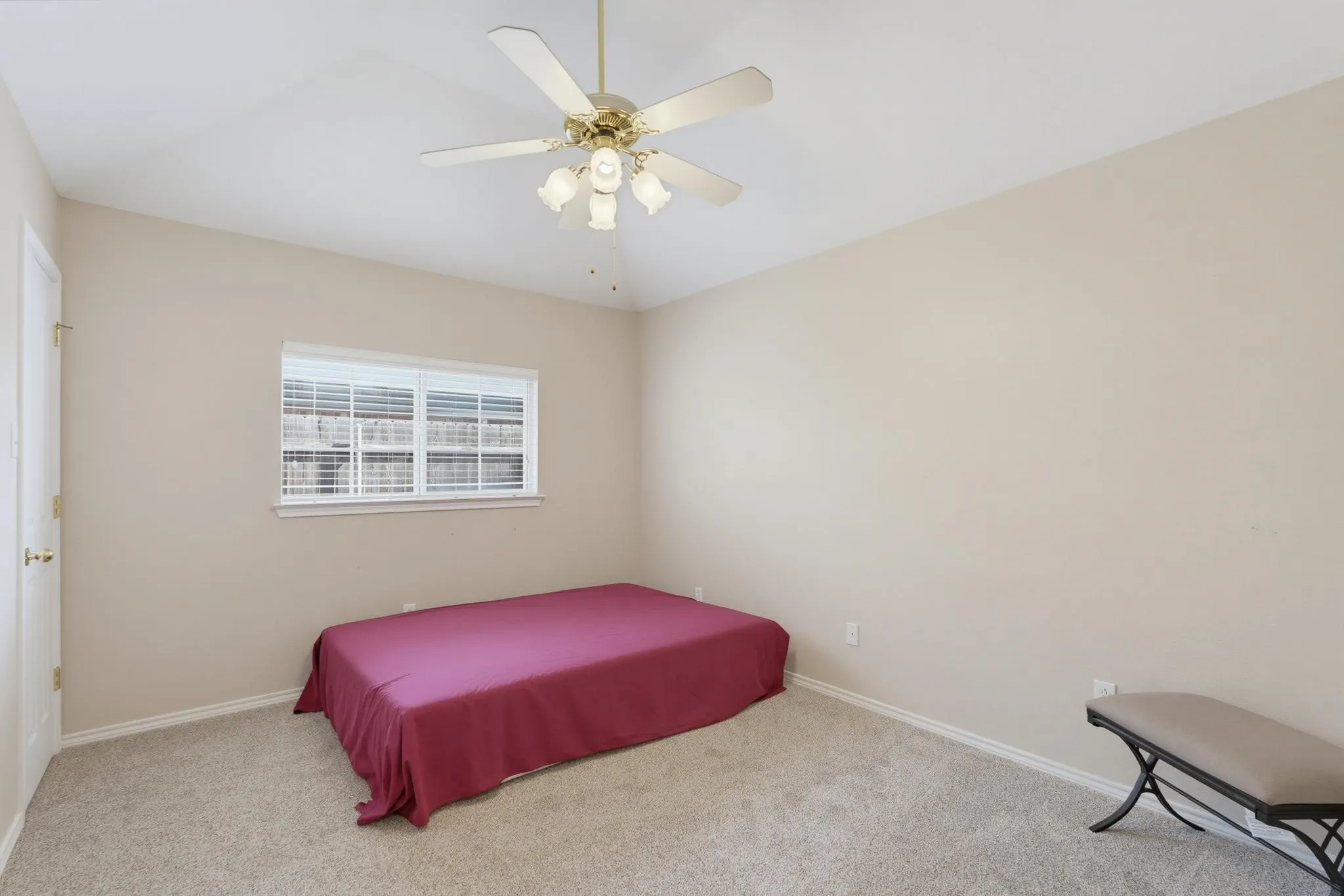 Carpeted flooring, neutral wall paint, ceiling fan with integrated lighting, single window with blinds, and a white interior door