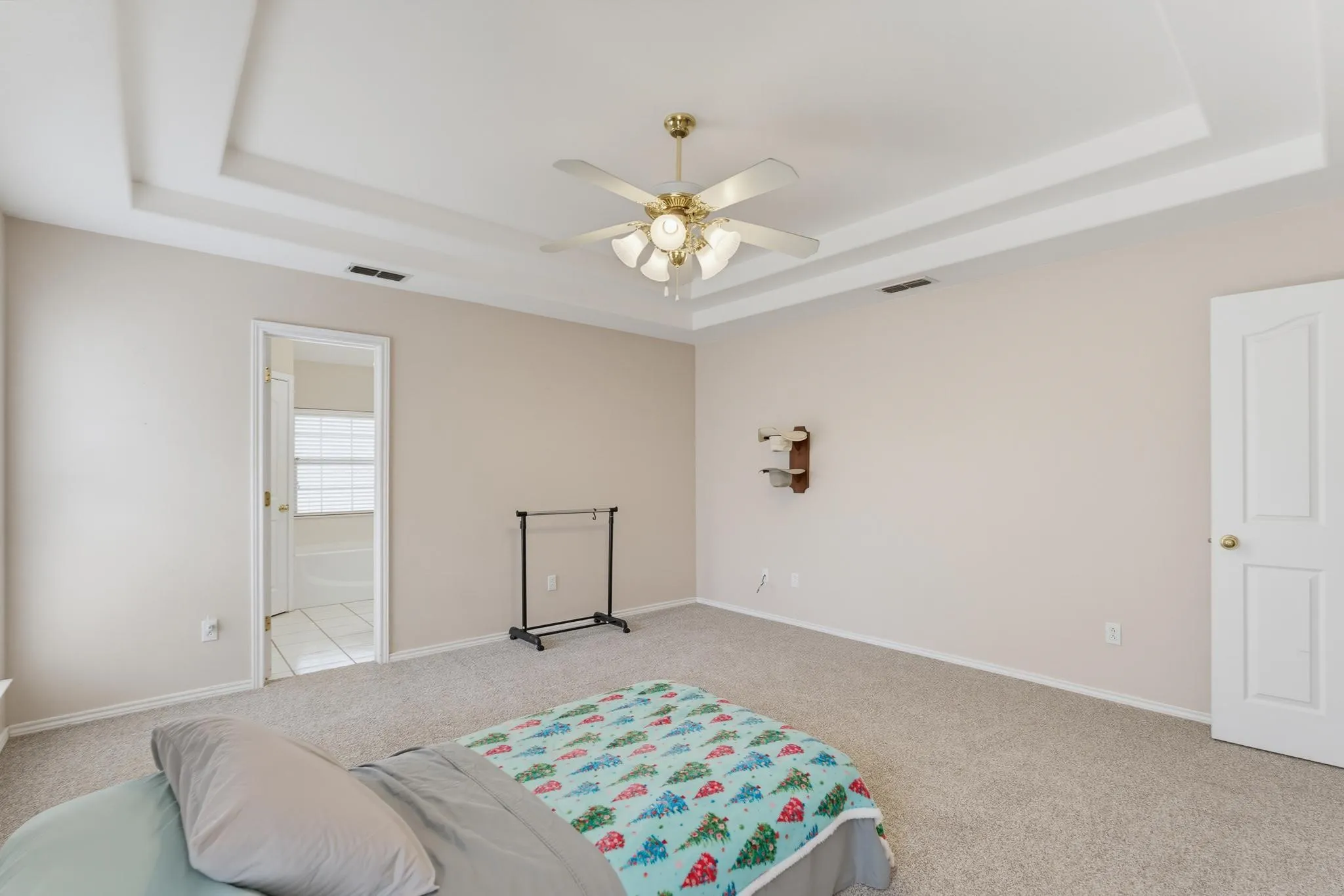 Tray ceiling with a ceiling fan, light-toned carpeting, and a white paneled door
