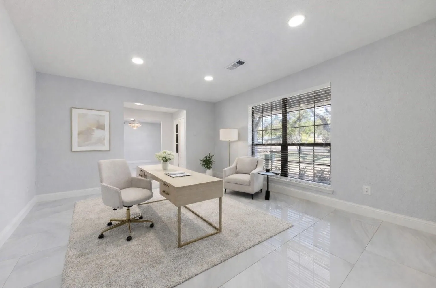 Spacious room with large window, recessed lighting, and tile flooring