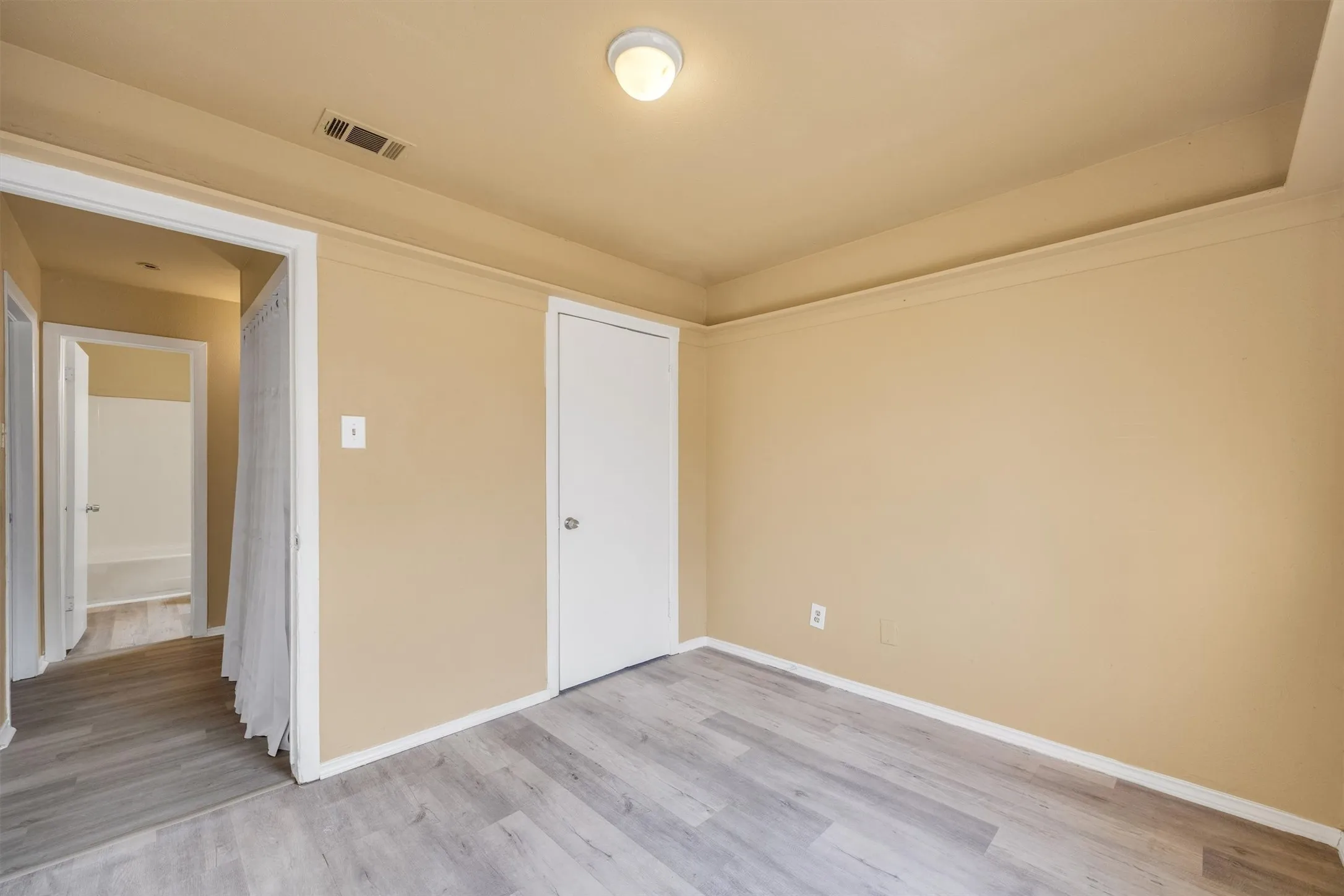 Light-toned walls, wood-finish flooring, white trim, and a ceiling-mounted light fixture