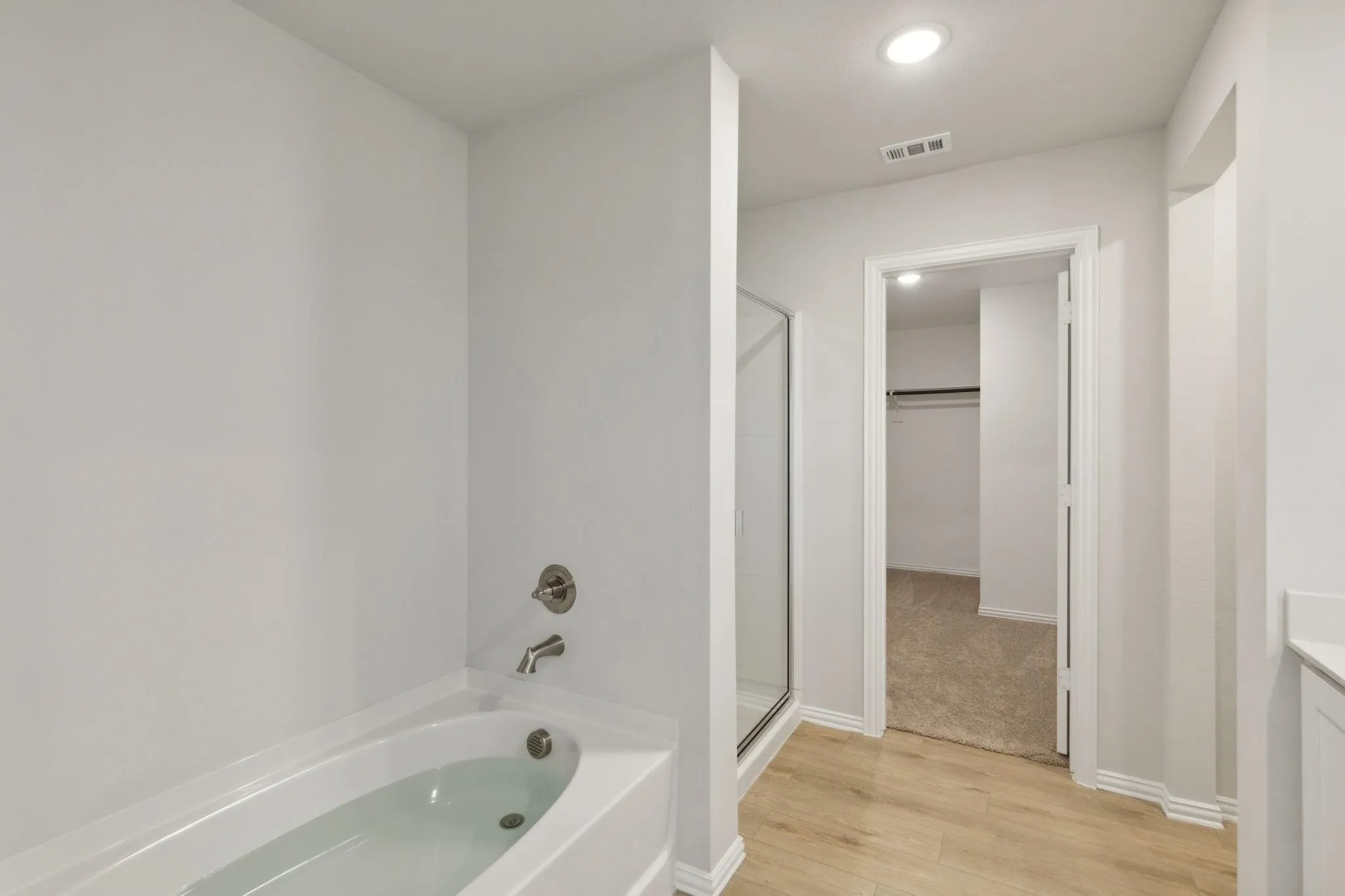 Full bath featuring a shower stall, wood finished floors, a garden tub, vanity, and a spacious closet