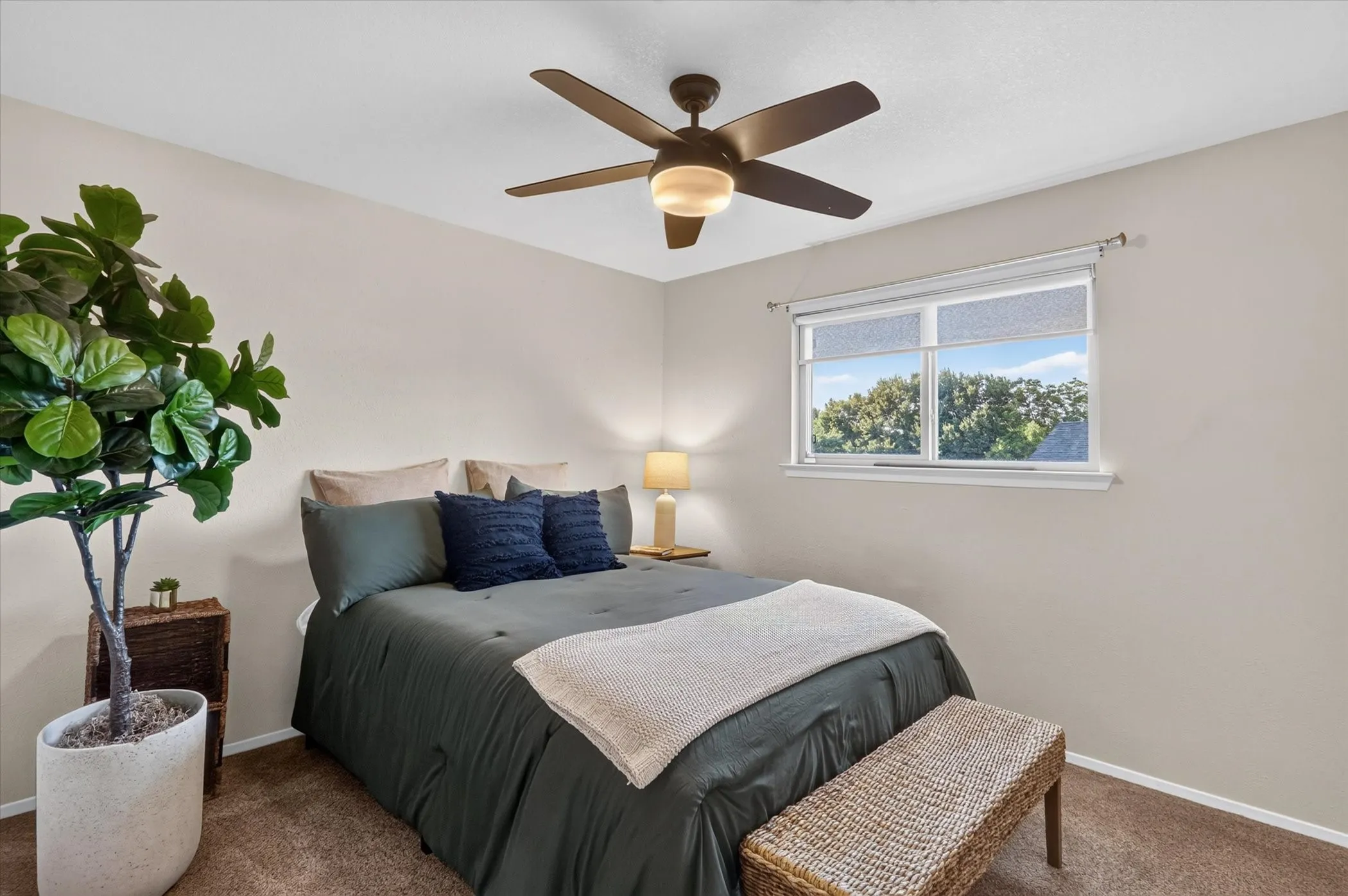 Neutral wall paint, ceiling fan with integrated lighting, window with a roller shade, and carpet flooring