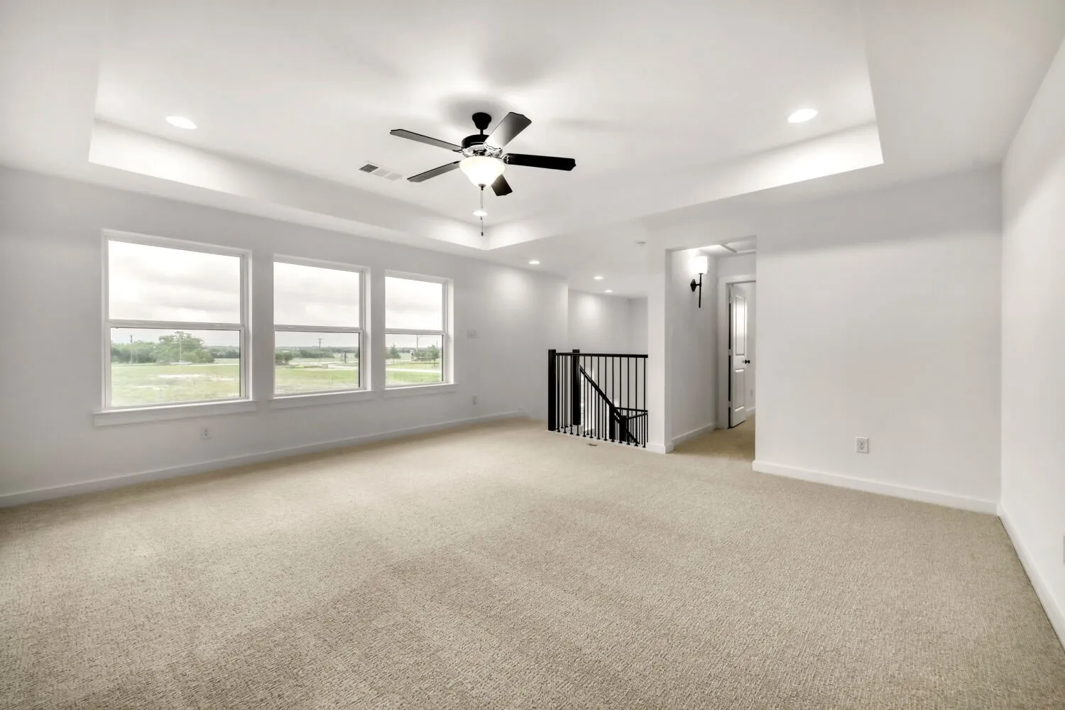 Recessed lighting, ceiling fan, tray ceiling, multiple windows, and carpet flooring