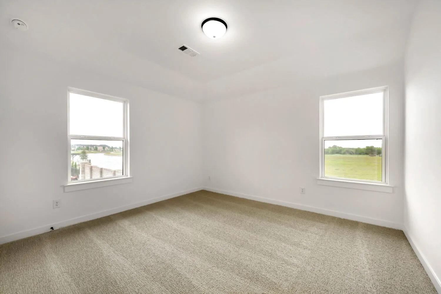 Neutral-toned carpeting, white walls, and a prominent ceiling light fixture