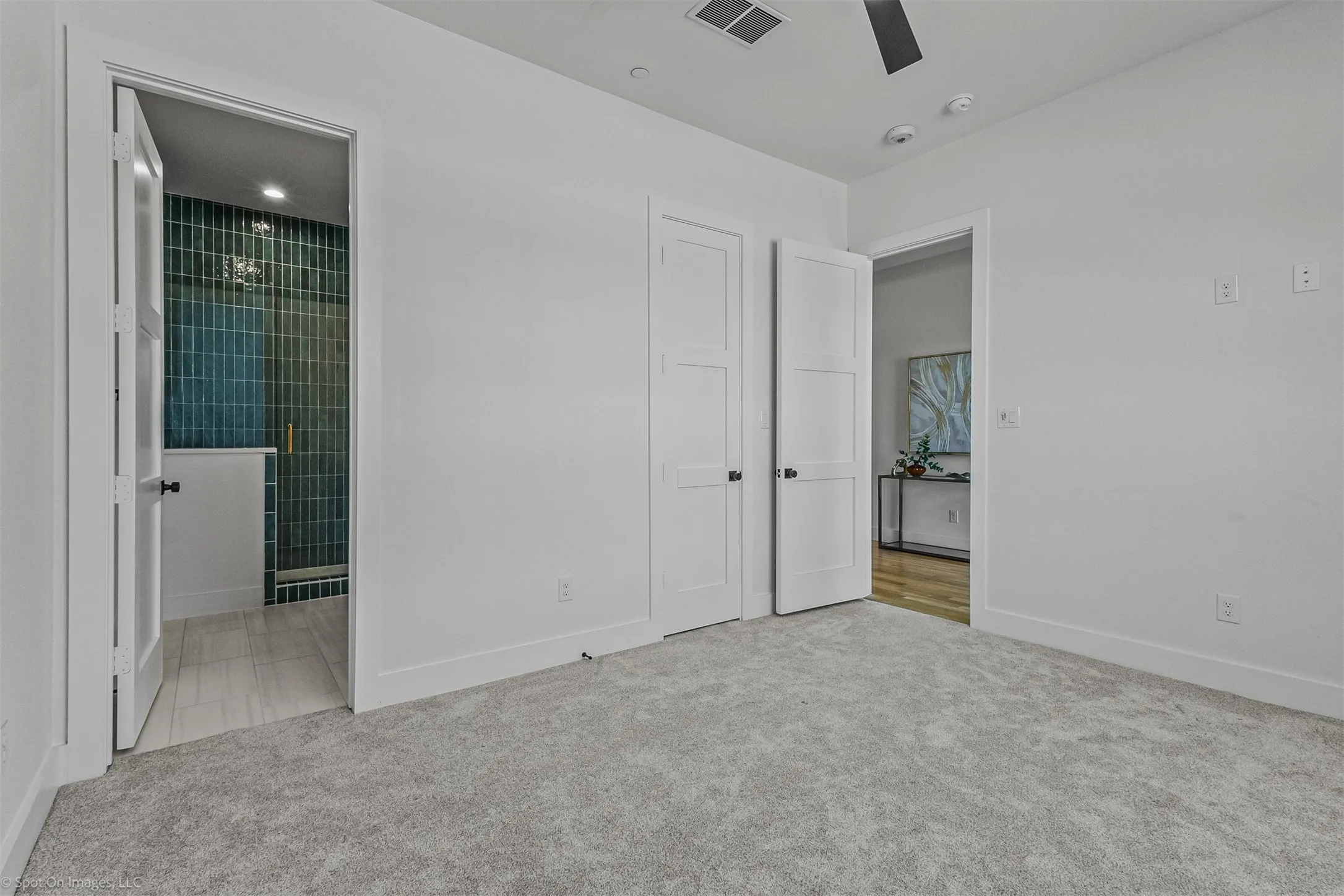 Light gray carpeted flooring, white interior walls, white paneled doors, matte black ceiling fan, and recessed lighting