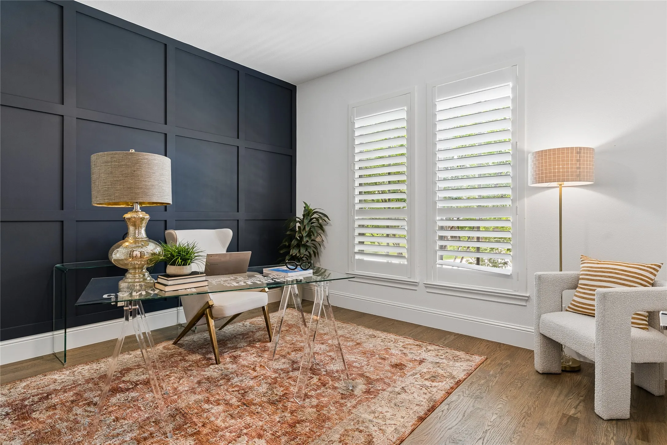 Executive study with refined finishes and a quiet setting for work or reading