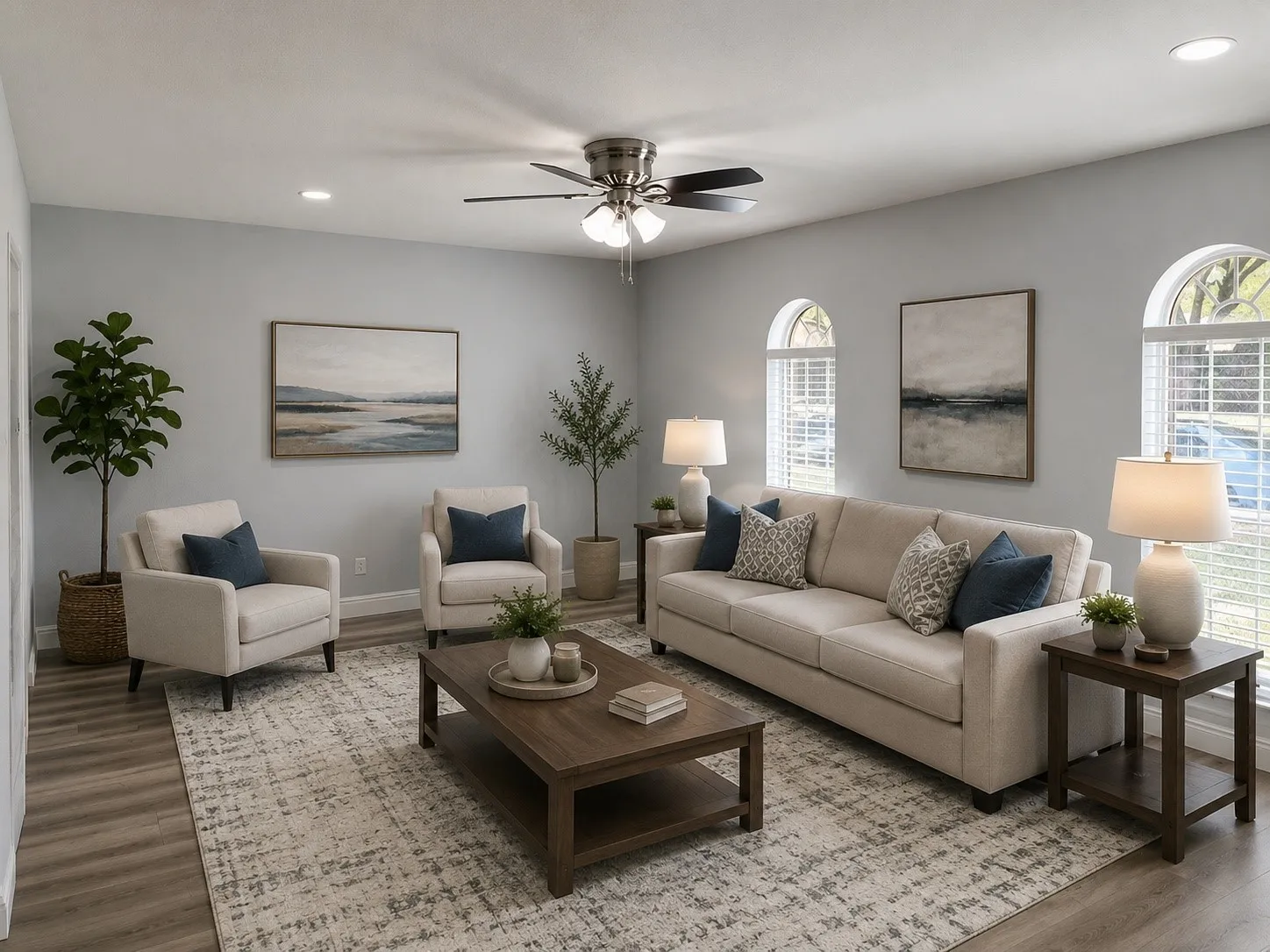 Digitally Enhanced:  Vinyl flooring, recessed lighting, and a ceiling fan with light kit