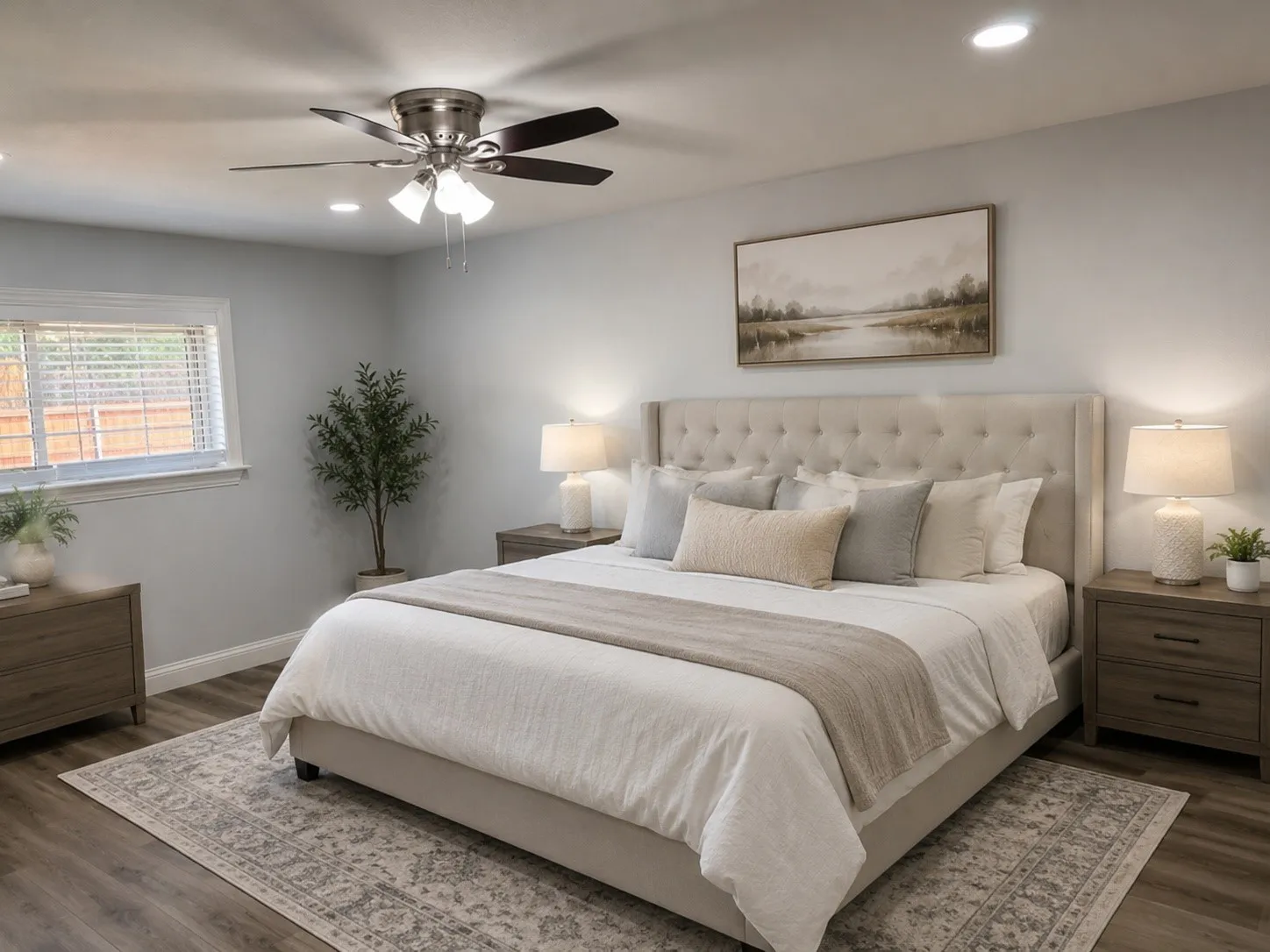 Digitally Enhanced:  Primary suite with recessed lighting and ceiling fan