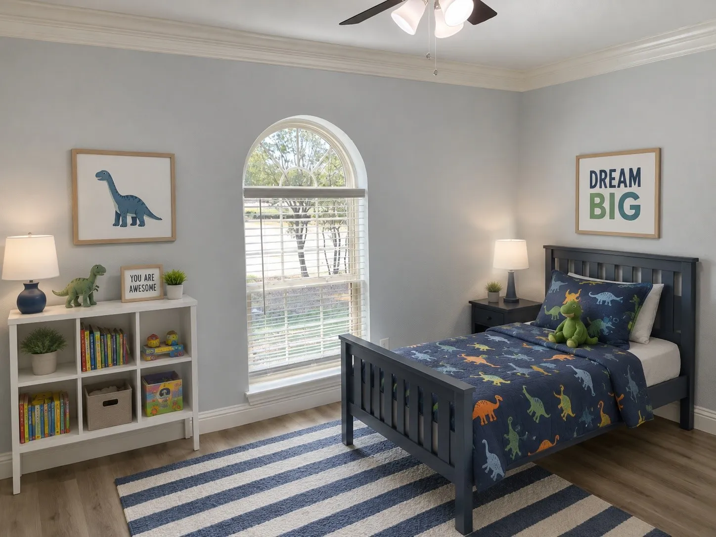 Digitally Enhanced:  Arched window with blinds, ceiling fan, and crown molding