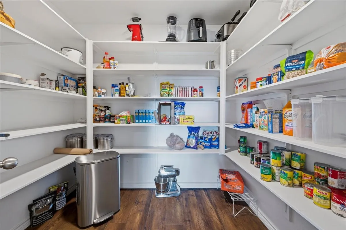 Walk-in pantry with extensive built-in shelving, wood-finish flooring, and bright overhead lighting