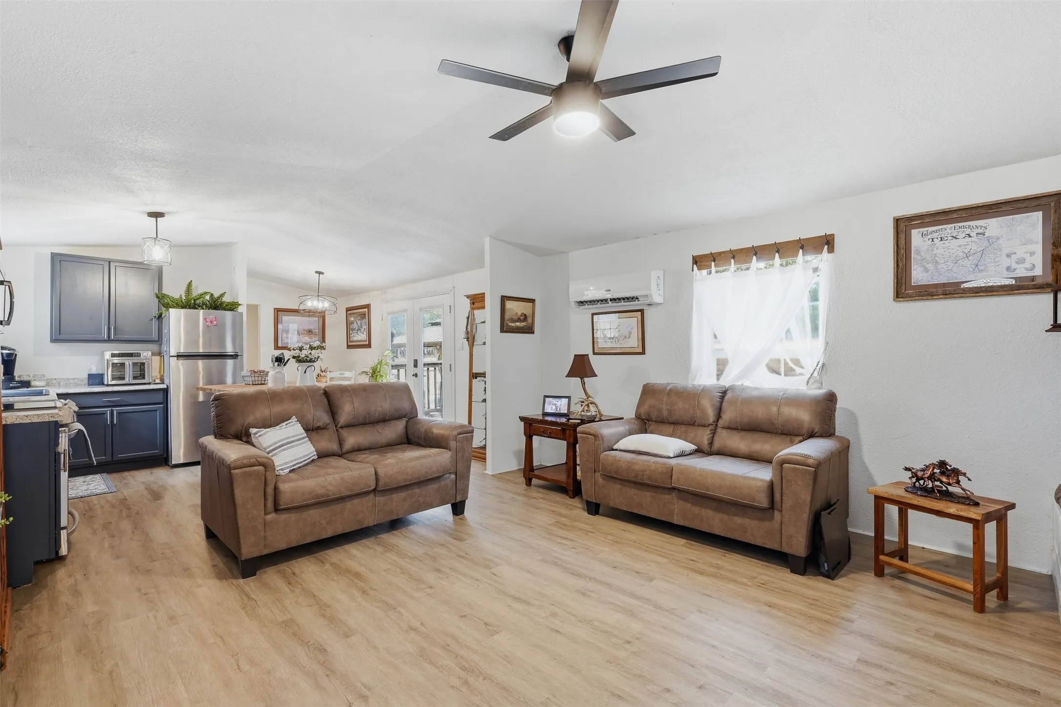 living room with a fireplace built in