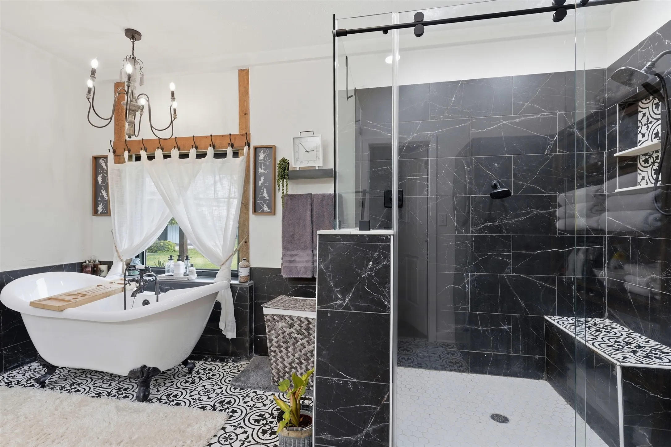 master bath with free standing tub, walk in shower
