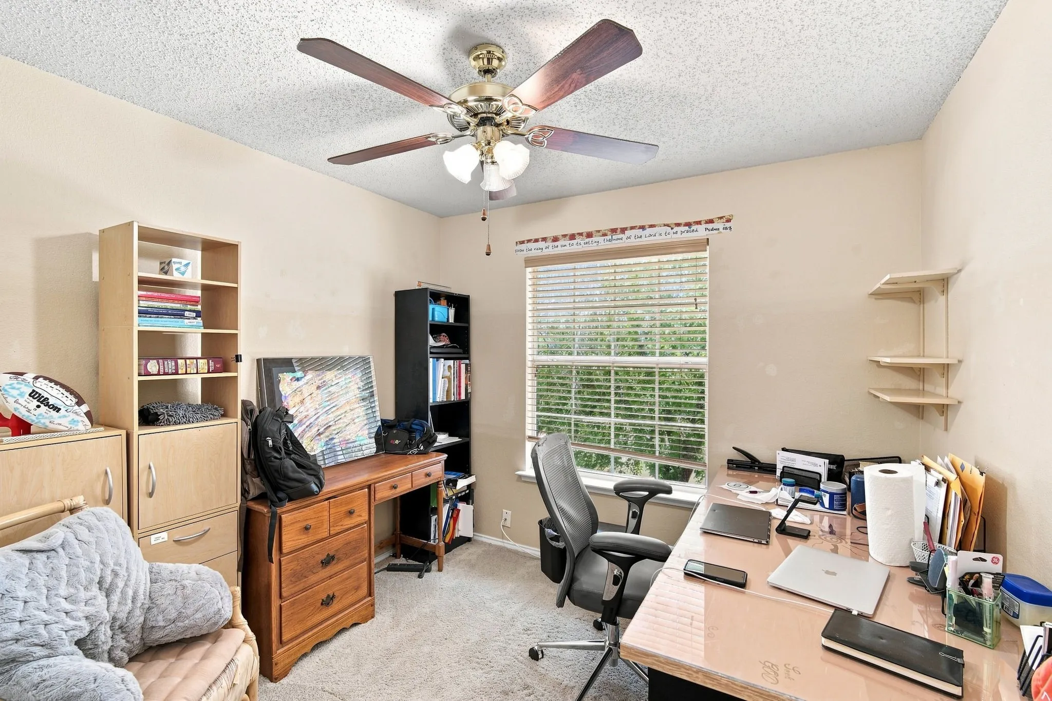 Recessed window with horizontal blinds, overhead ceiling fan with light fixture, and neutral-toned carpeting
