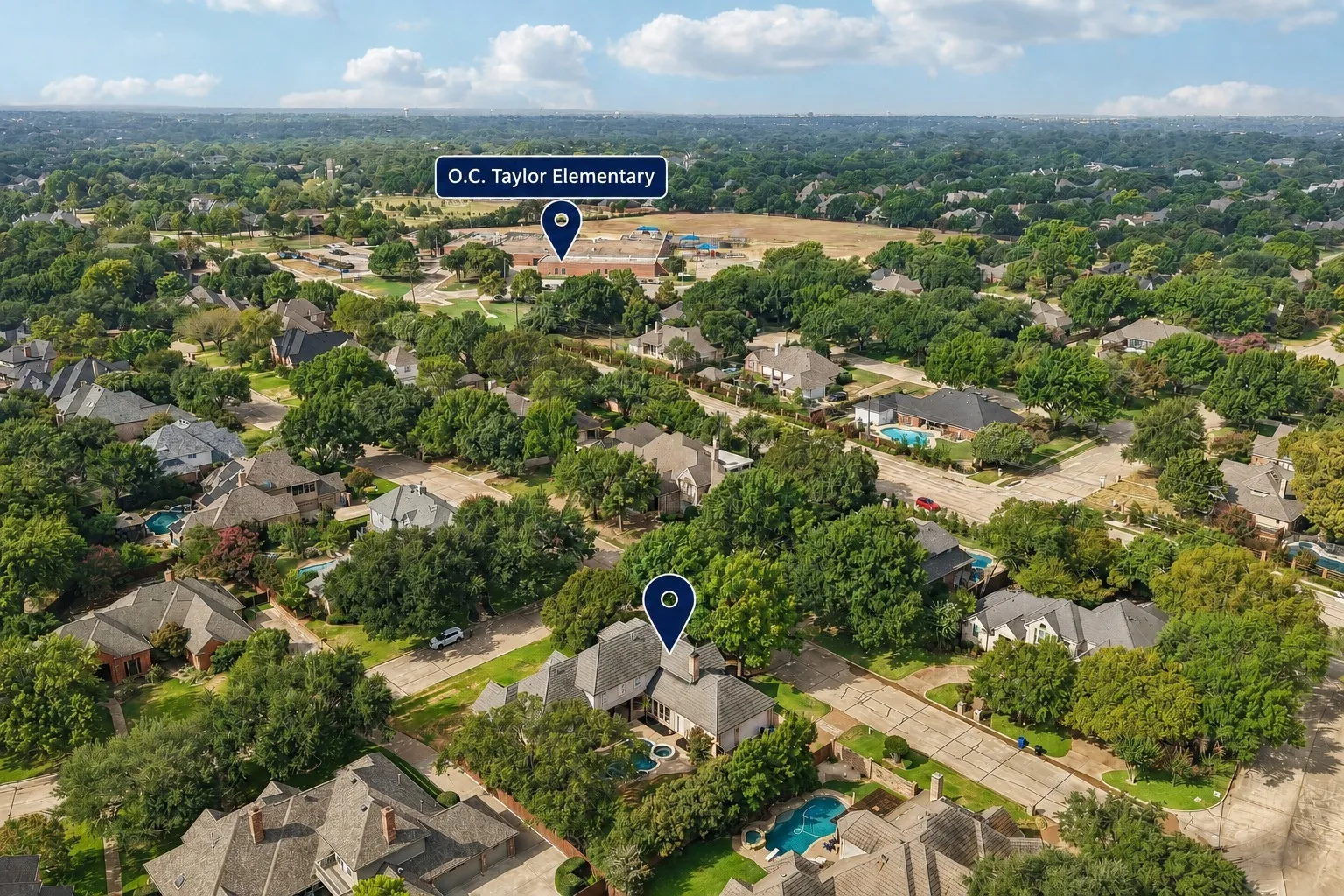 Aerial perspective of a verdant neighborhood, featuring mature trees and residential properties with swimming pools