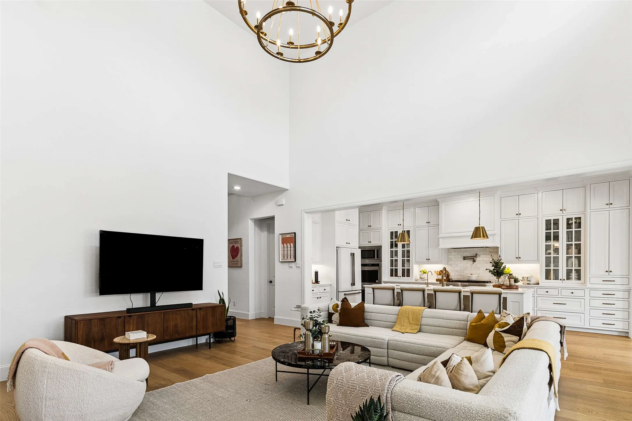 Soaring vaulted ceilings with a prominent chandelier