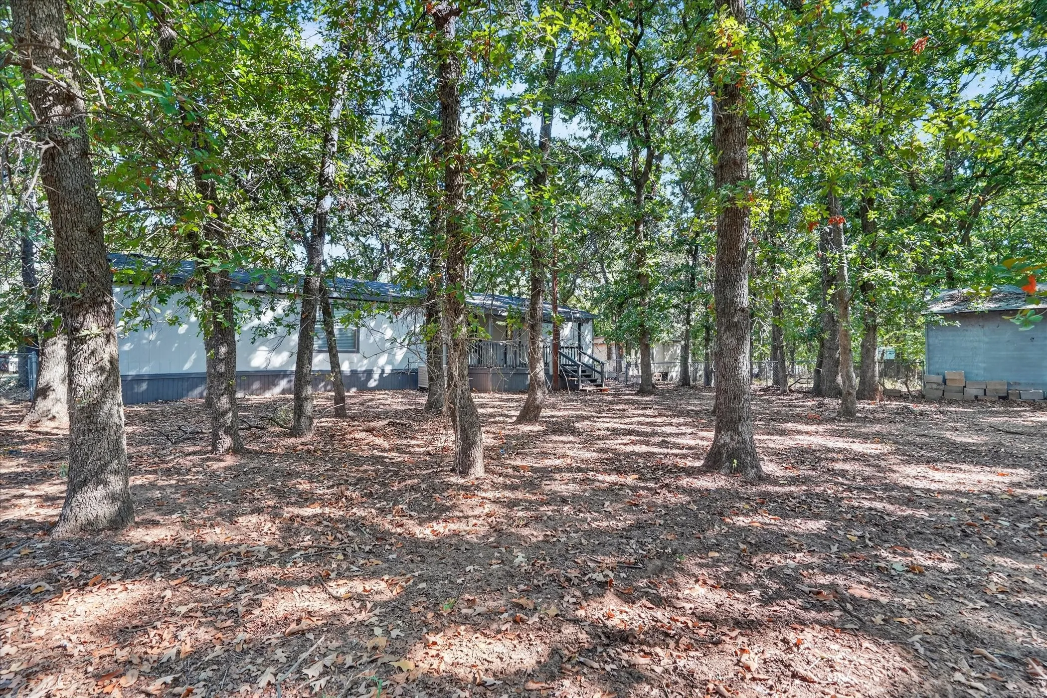 Wooded lot with mature trees and a white-sided residence