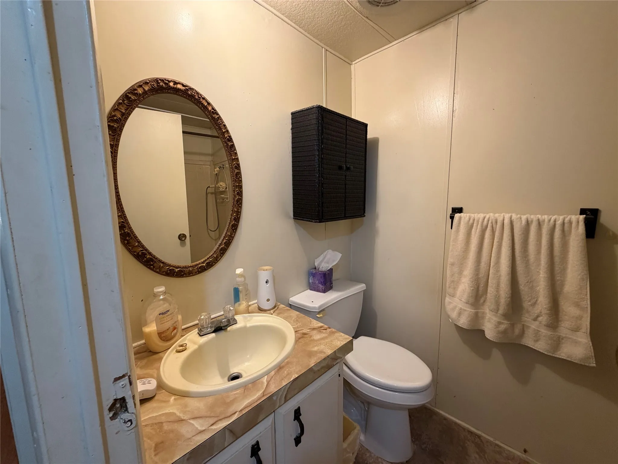 Vanity with integrated sink, wall-mounted mirror, and cabinet storage