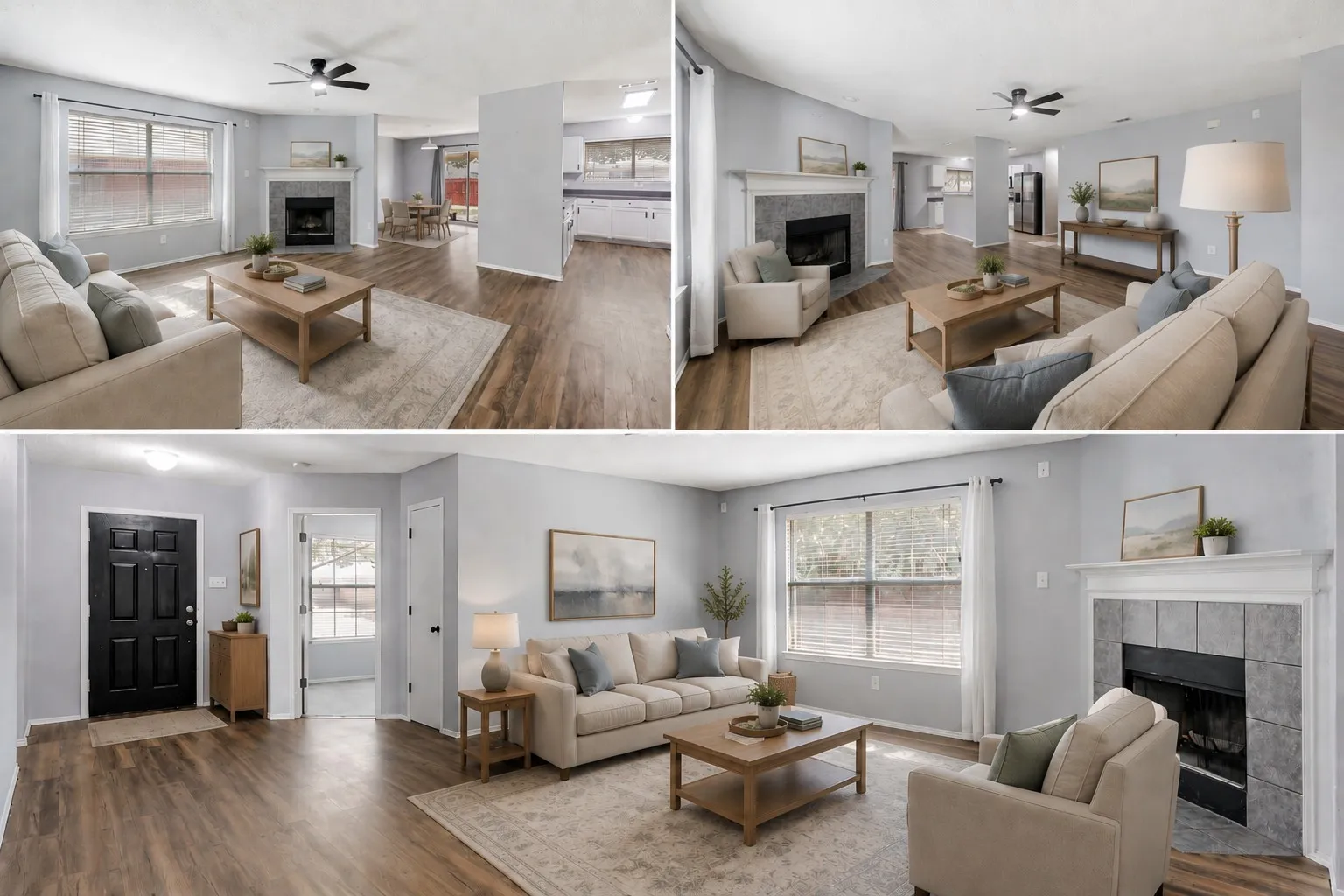 Virtually staged living room and open floorplan showing possibilities