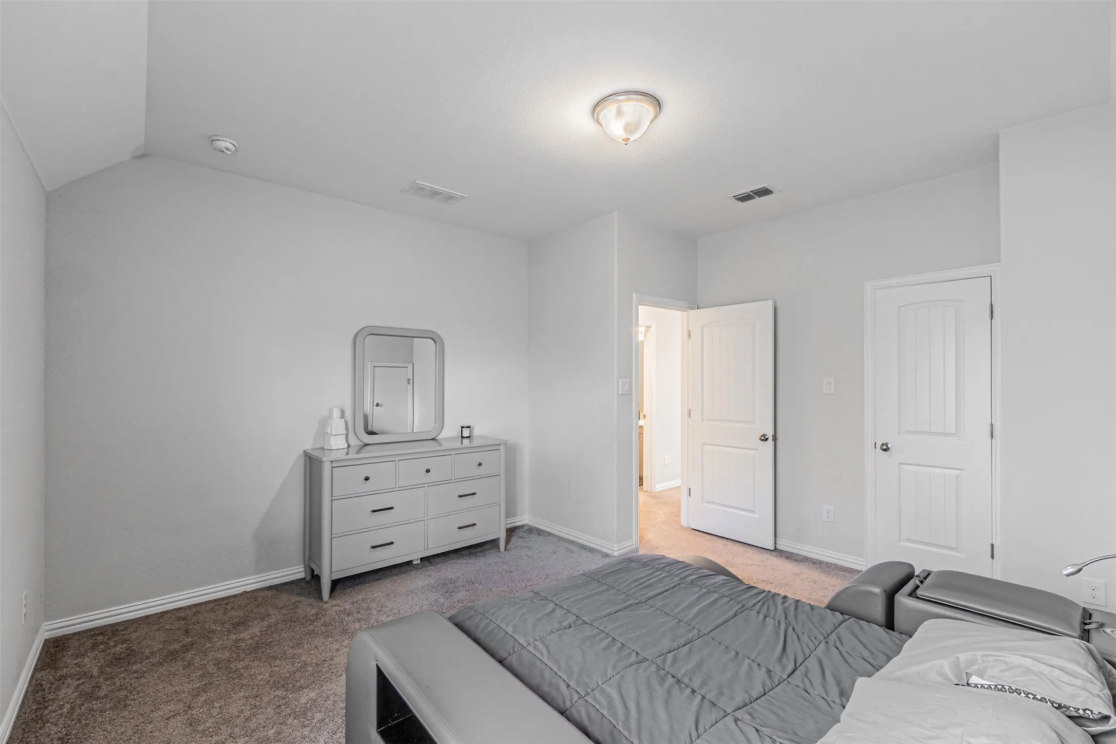 Carpeted flooring, neutral wall tones, interior door, and overhead lighting fixture