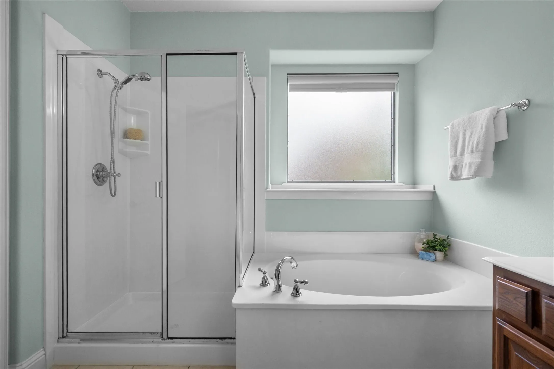Bath detail featuring a glass-enclosed shower and soaking tub
