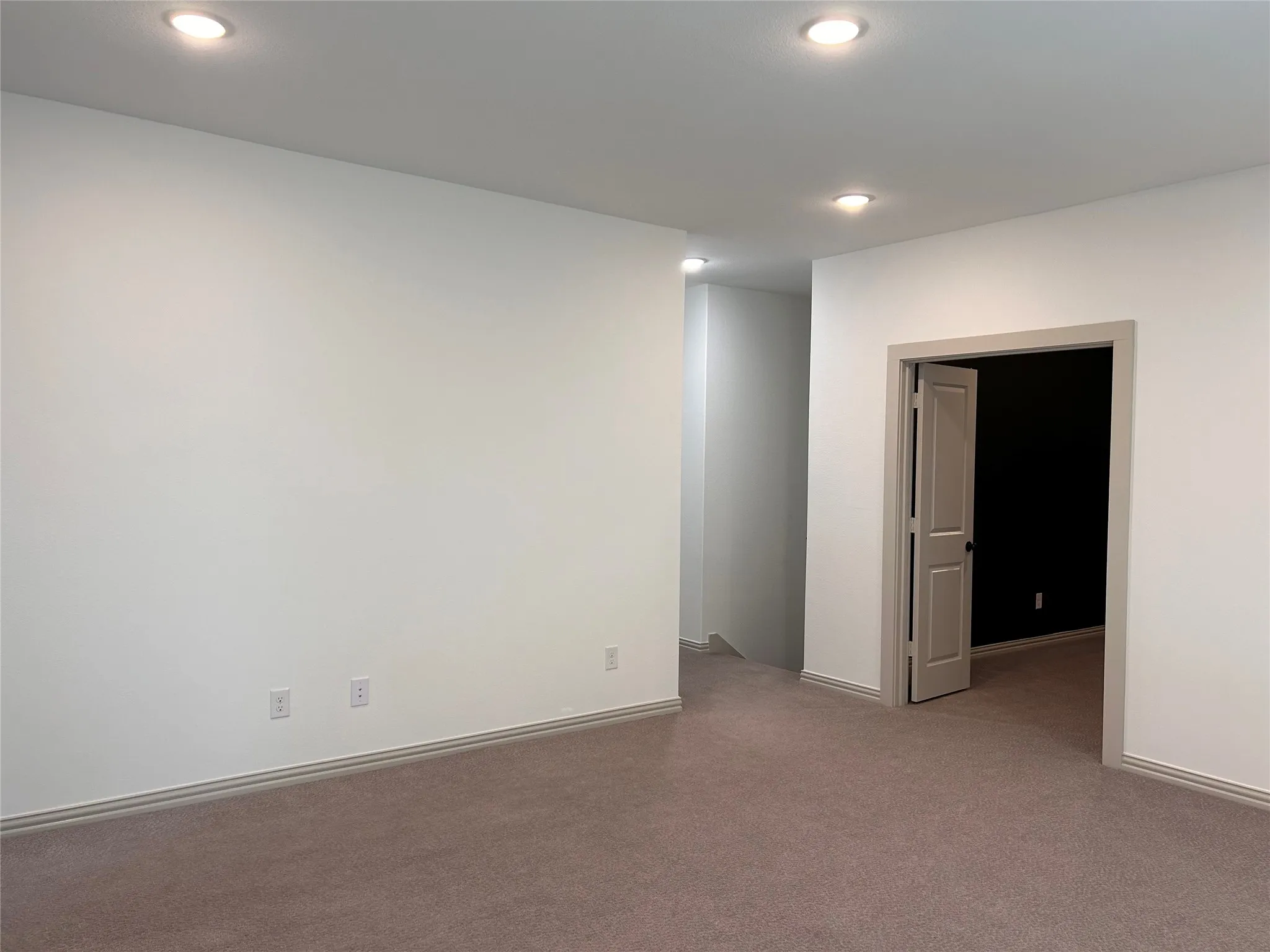 Recessed ceiling lighting, light gray wall paint, brown carpet flooring, and a two-panel interior door with dark hardware