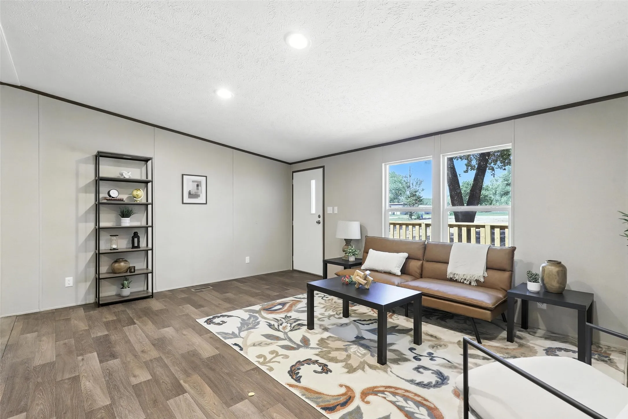 Recessed lighting and wood-finish flooring