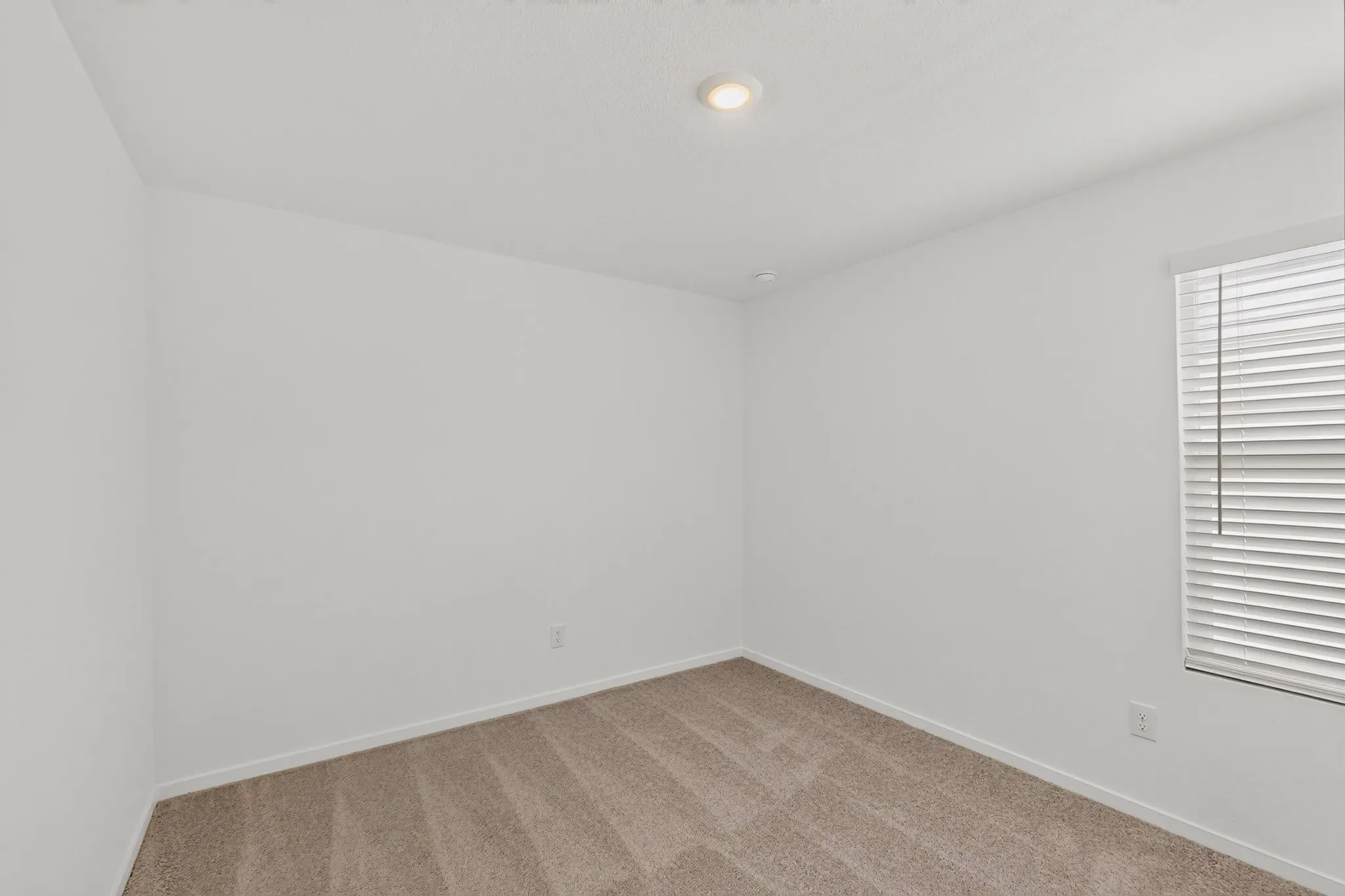 Recessed ceiling lighting, window with blinds, and neutral carpeting