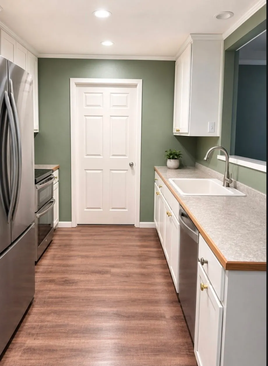 Galley kitchen featuring wood-finish flooring, white cabinetry, stainless steel appliances, and recessed lighting