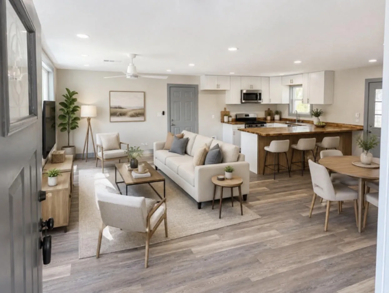 Open-concept living space featuring wood-finish flooring, recessed lighting, a modern ceiling fan, white cabinetry, and stainless steel appliances - Digitally Furnished