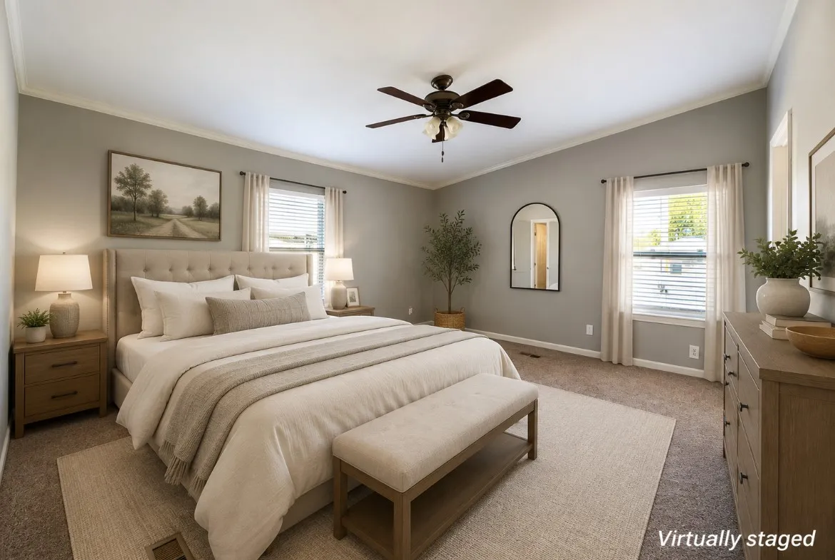 Vaulted ceilings with a ceiling fan, crown molding, and two windows with blinds and curtains