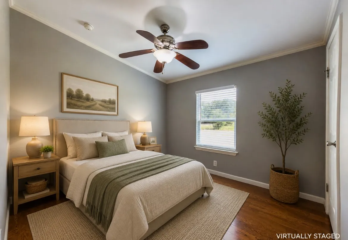 Wood-finish flooring, crown molding, and a ceiling fan with integrated lighting