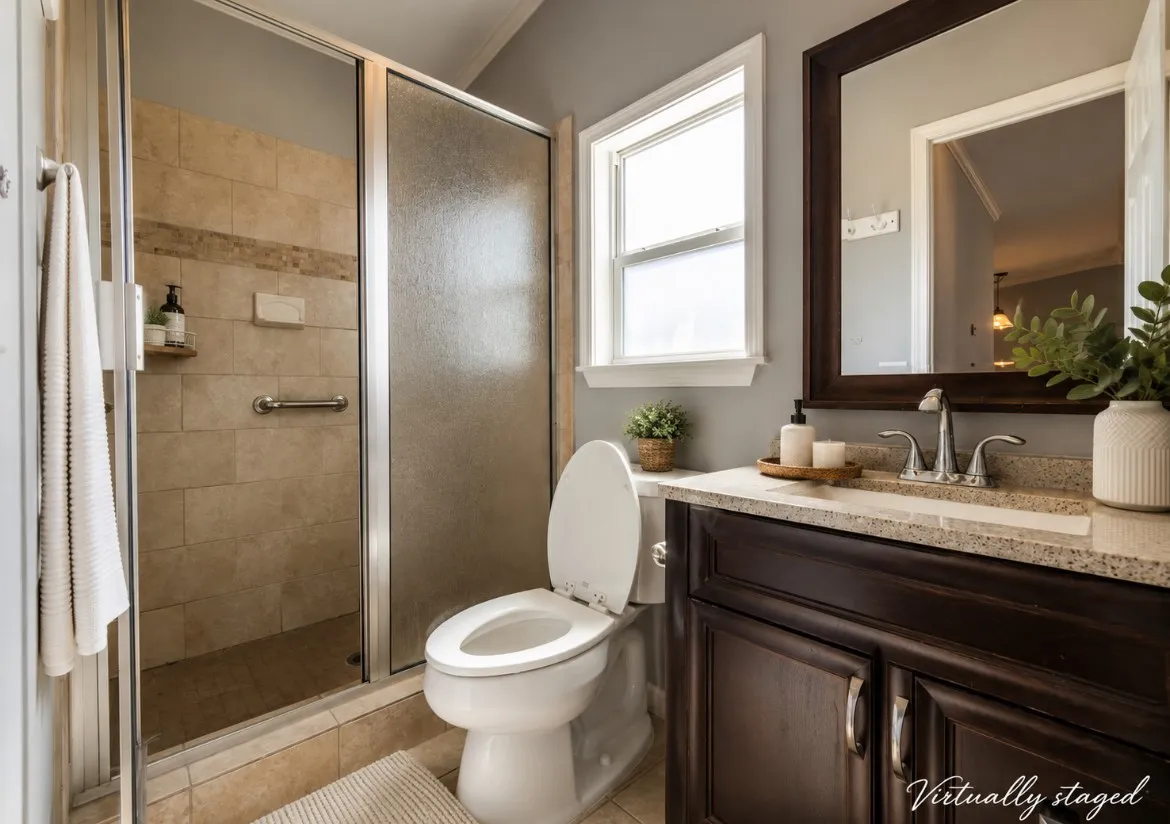 Shower with tiled surround and glass enclosure, dark wood-finish vanity with stone countertop, polished chrome faucet, and framed mirror