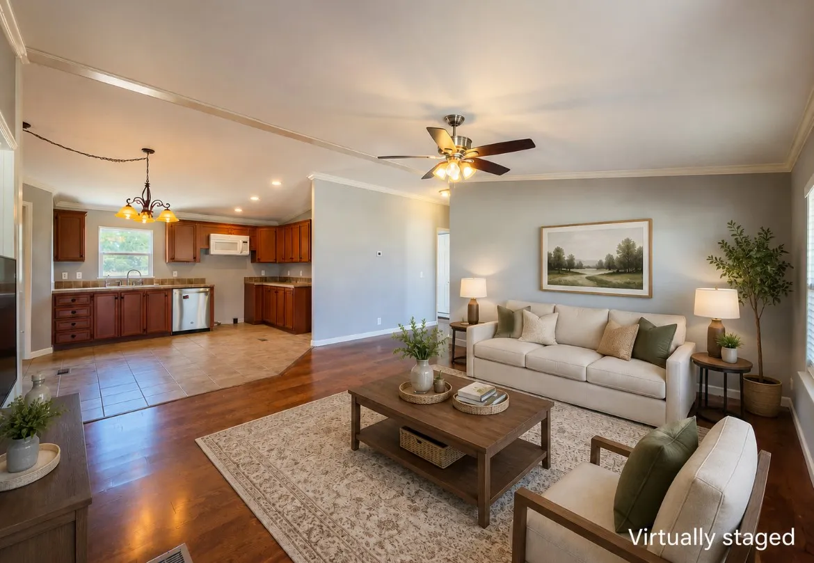 Hardwood-finish flooring, crown molding, ceiling fan, recessed lighting, and kitchen with wood cabinetry