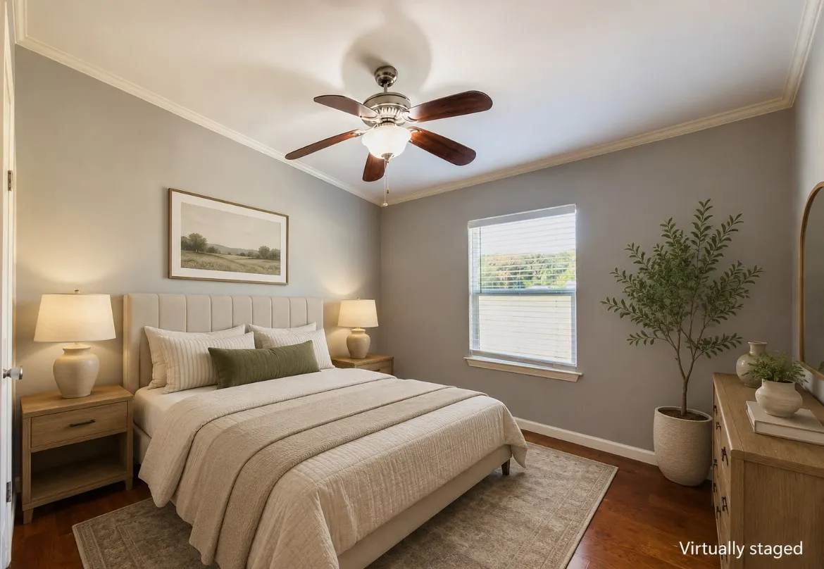 Hardwood flooring, crown molding, ceiling fan with integrated lighting, and a window with blinds