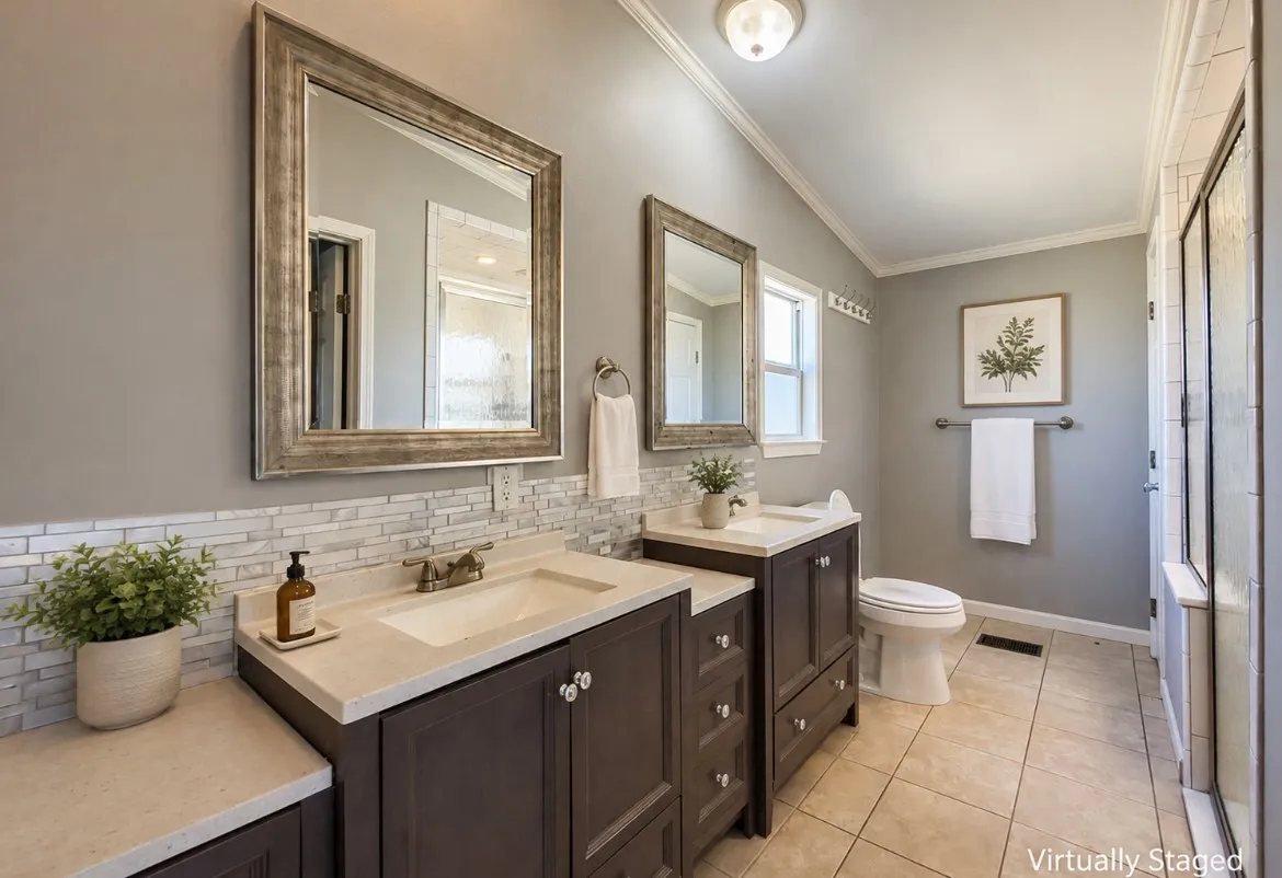 Dual vanity with integrated sinks, light-toned countertops, and dark wood-finish cabinetry