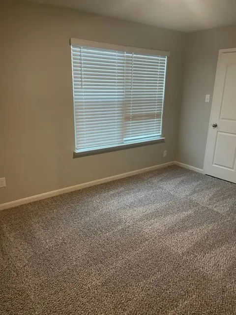 Neutral wall paint, window with blinds, carpet flooring, and white trim